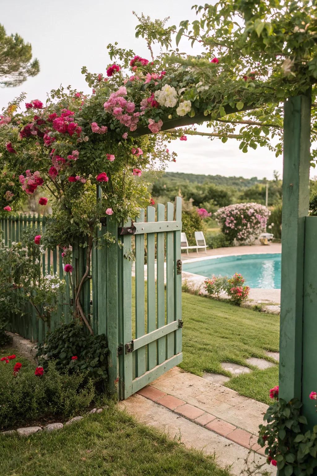 A green wooden fence intertwined with vines, enhancing garden elegance.