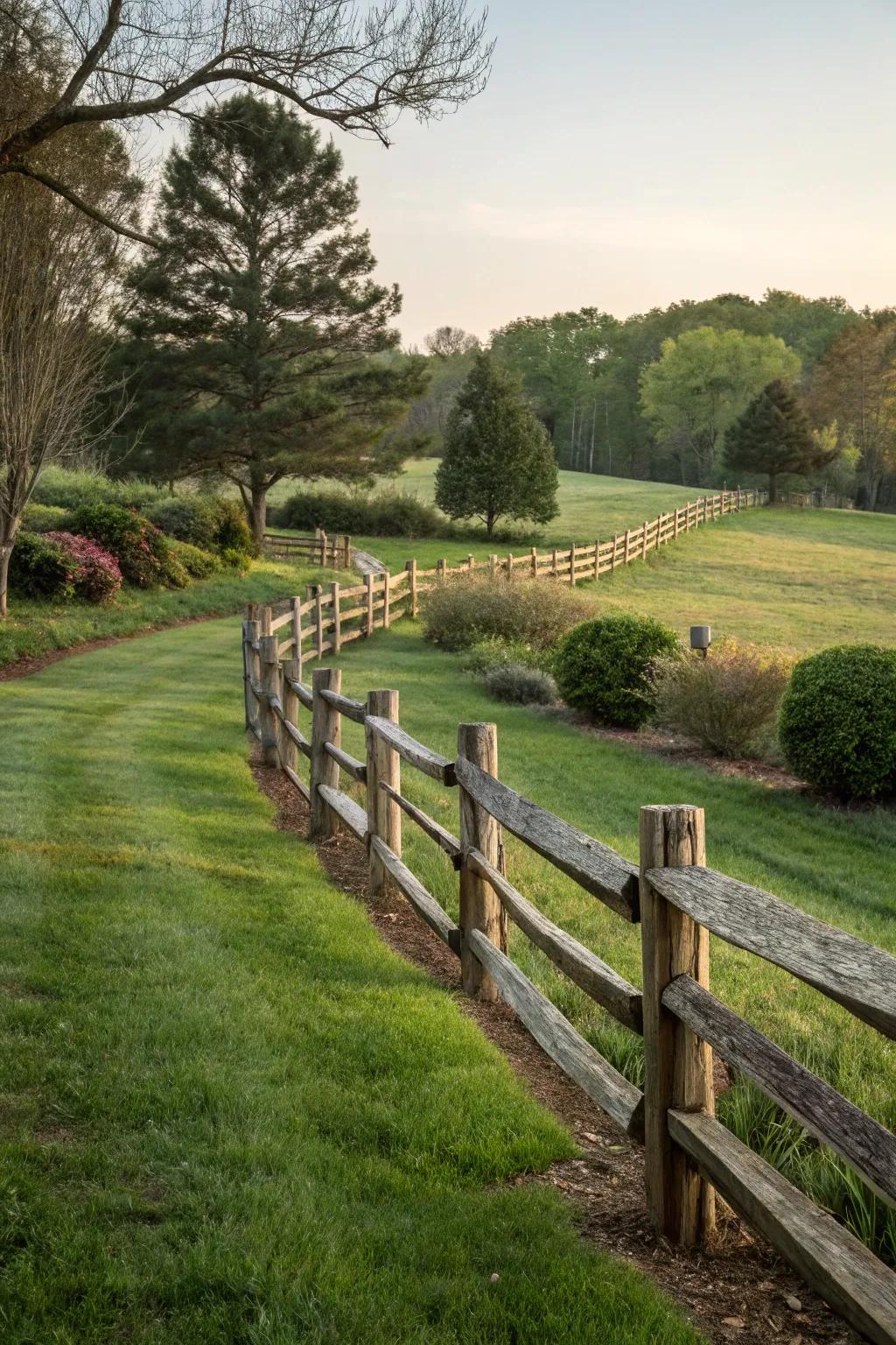 A split rail fence with varying heights adds visual interest to the landscape.