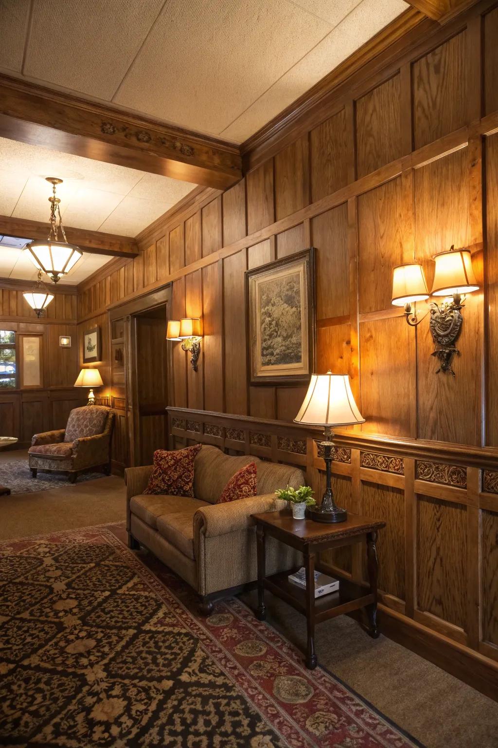 Soft lighting enhances the rustic charm of wainscoting.