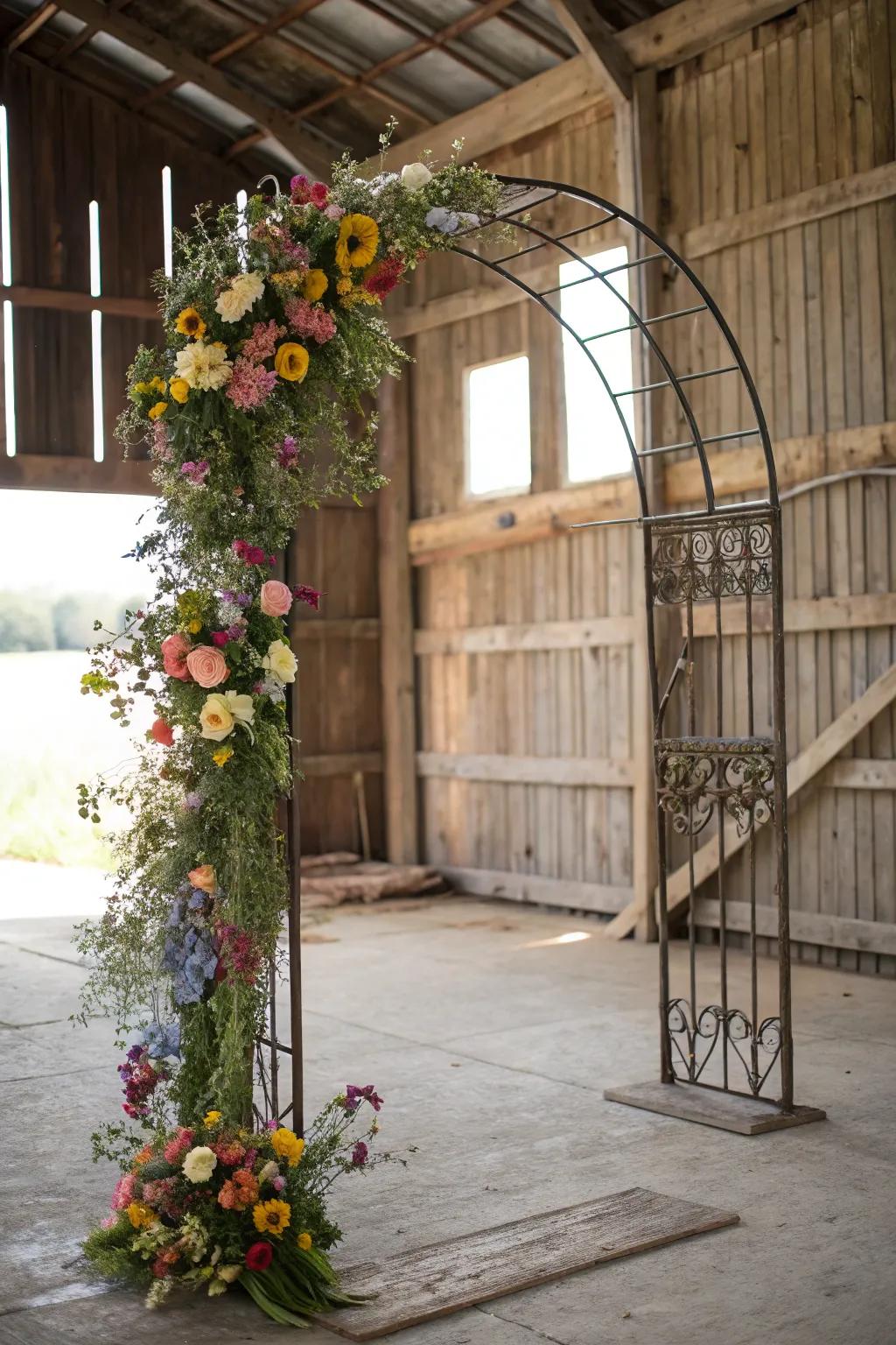 An industrial metal arch, softened by the untamed beauty of wildflowers.