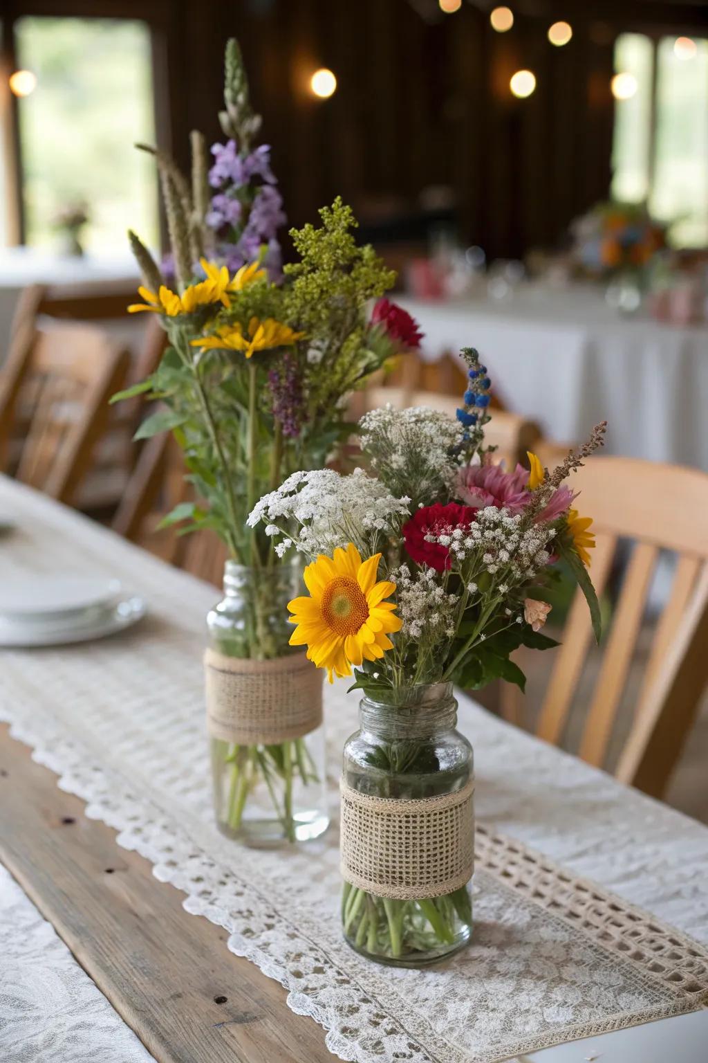 Colorful meadow blossom arrangements bringing nature to the table.