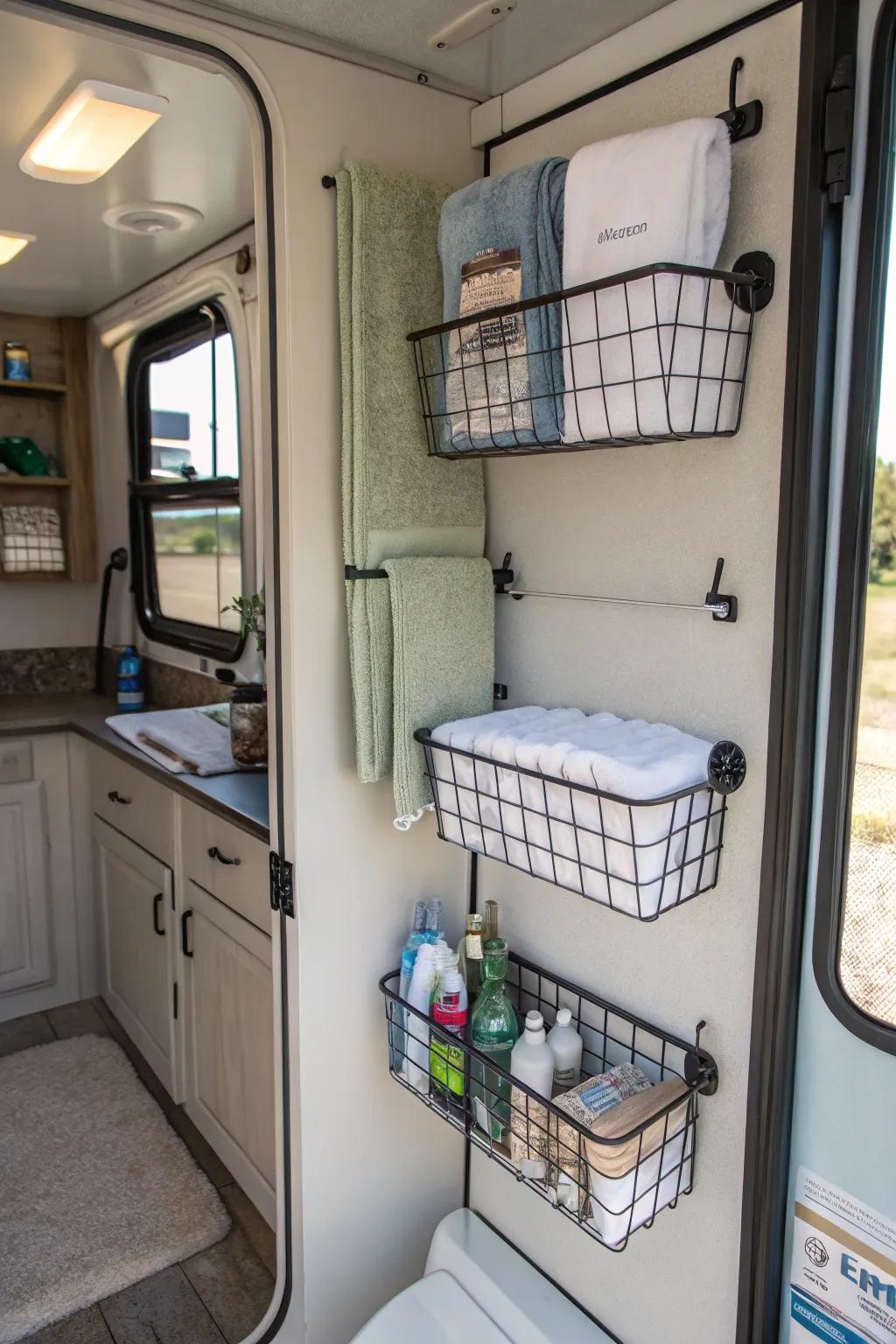 Enhance style with wall-mounted wire baskets.