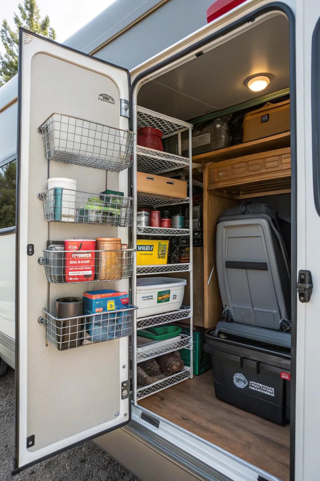 Wire cubbies are a tough storage solution for an RV closet.
