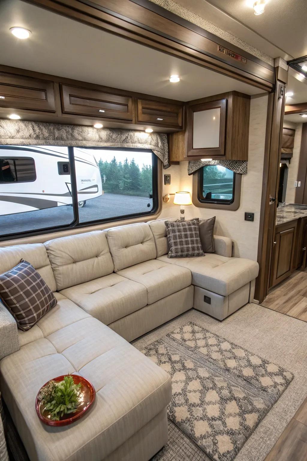Sectional sofas offer stylish and ample seating in RVs.