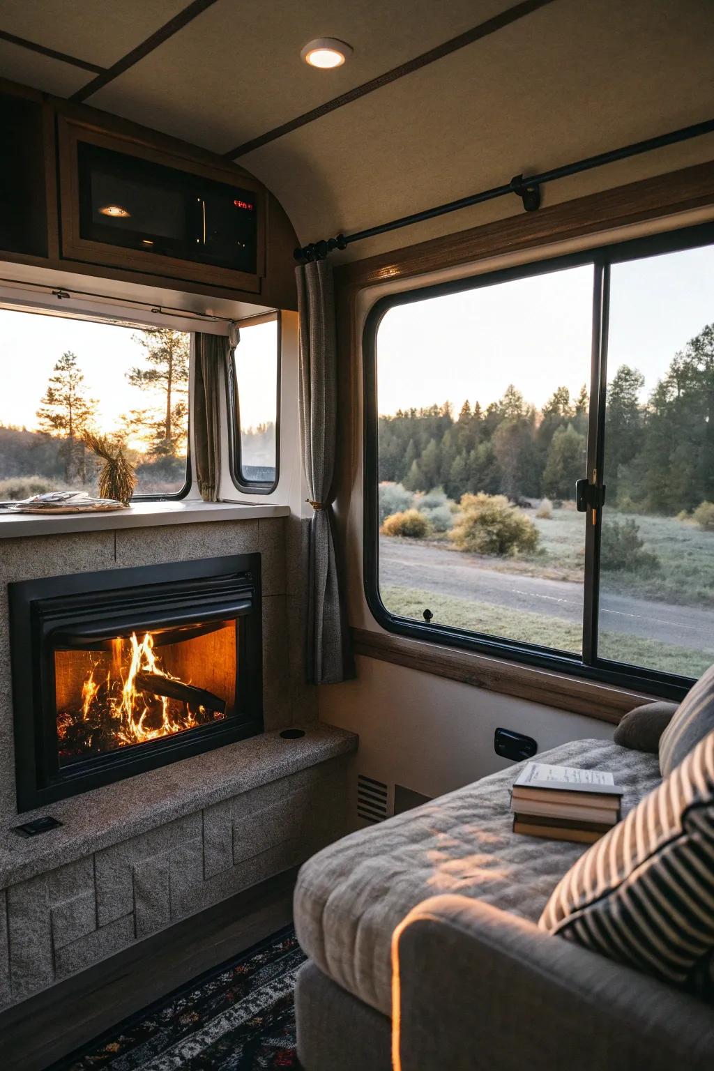 Combine natural light with a cozy fireplace for a bright atmosphere.