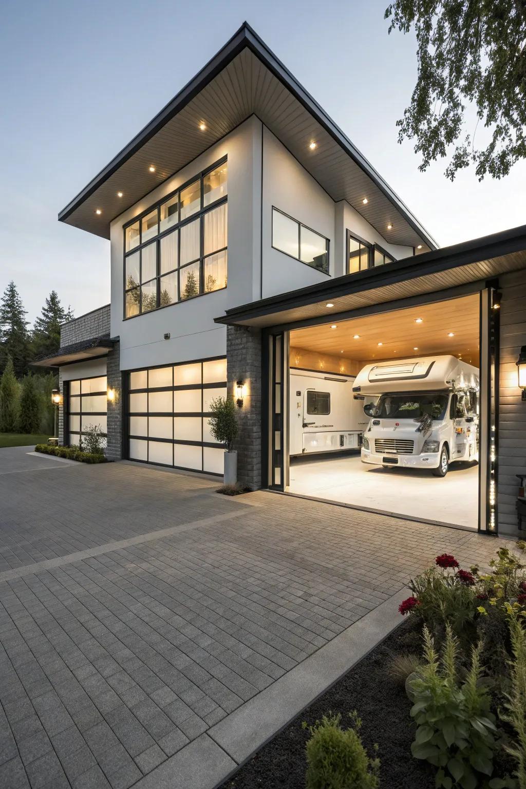 The RV garage has a sleek design that beautifully complements the main house.