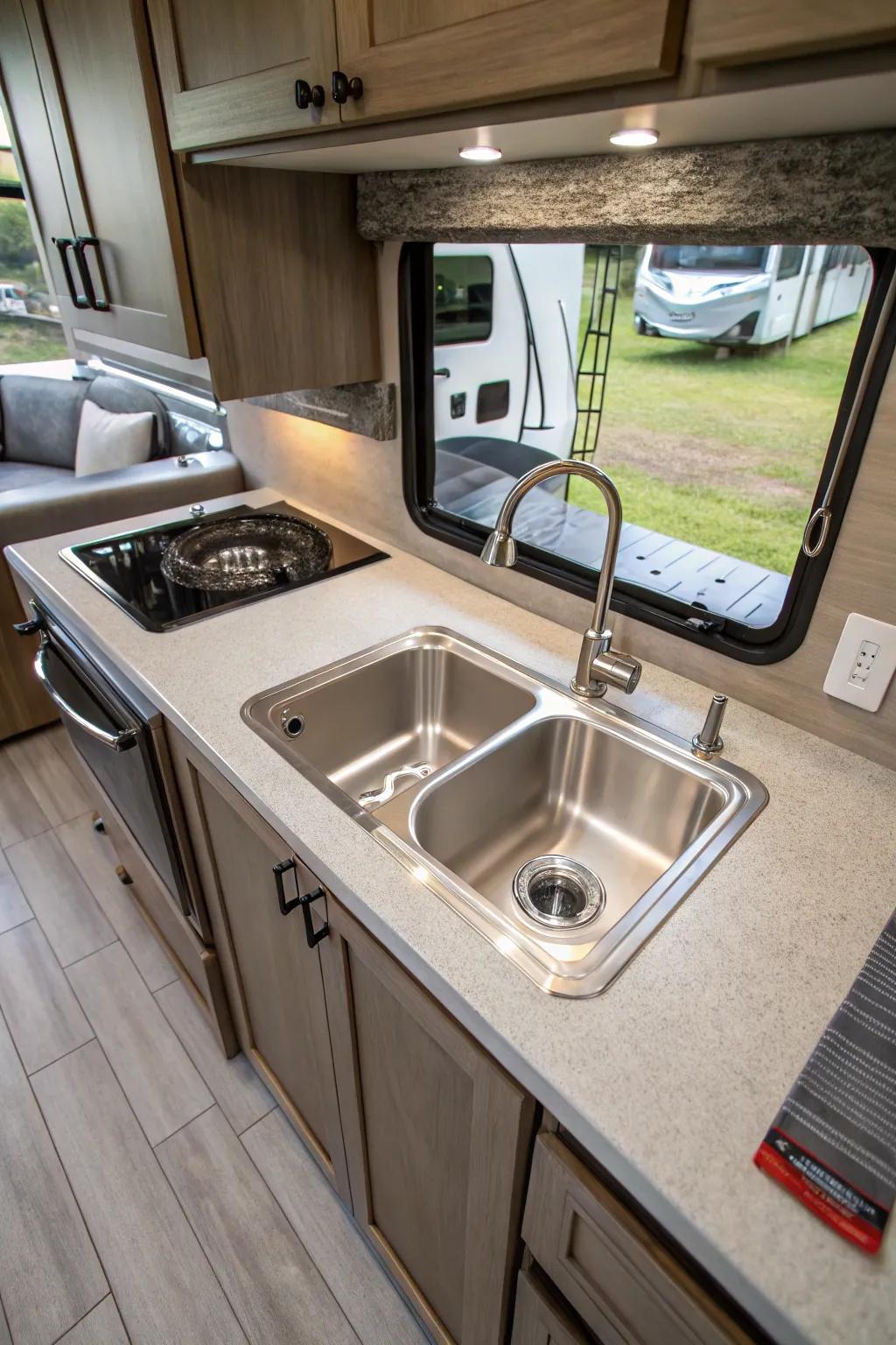A surface-mount sink ensures easy installation in an RV.