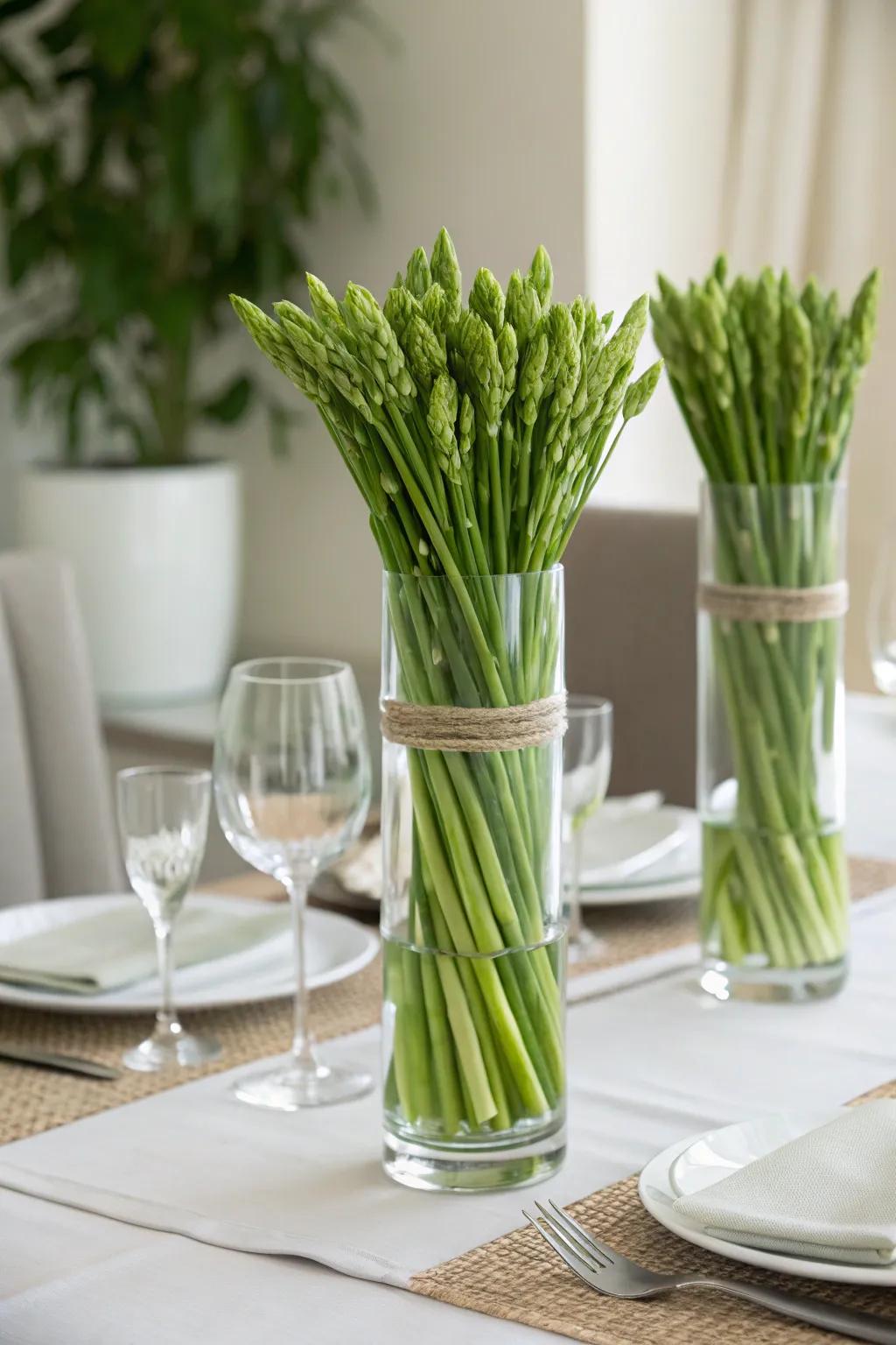 The sage green stems are gorgeously presented in see-through glassware.