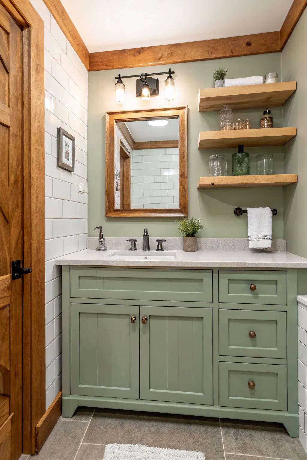 A cozy bathroom with a sage green vanity and natural wooden accents.