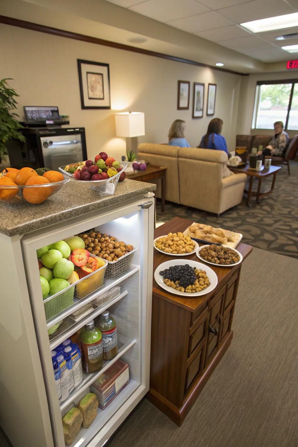 A snack bar stocked with healthful options helps maintain high energy levels.