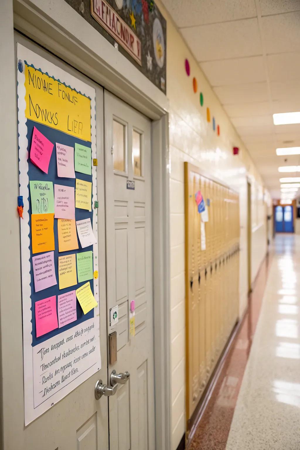A community board is placed on the school nurse door for students’ notes and advice.