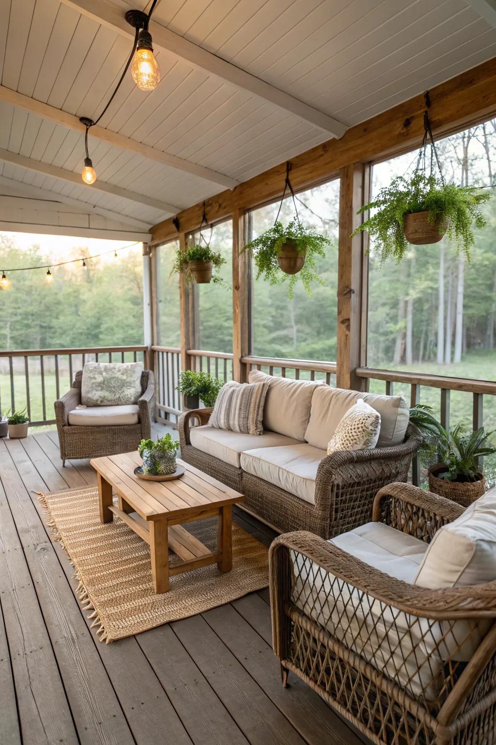 A farmhouse-inspired porch oozes warmth and charm.