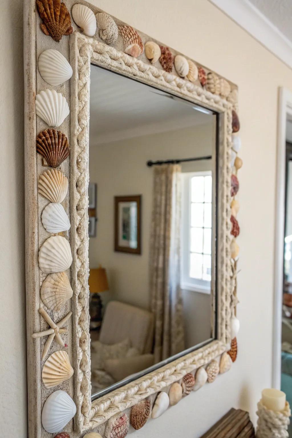 A mirror encased in seashells introduces sophistication with a coastal twist.