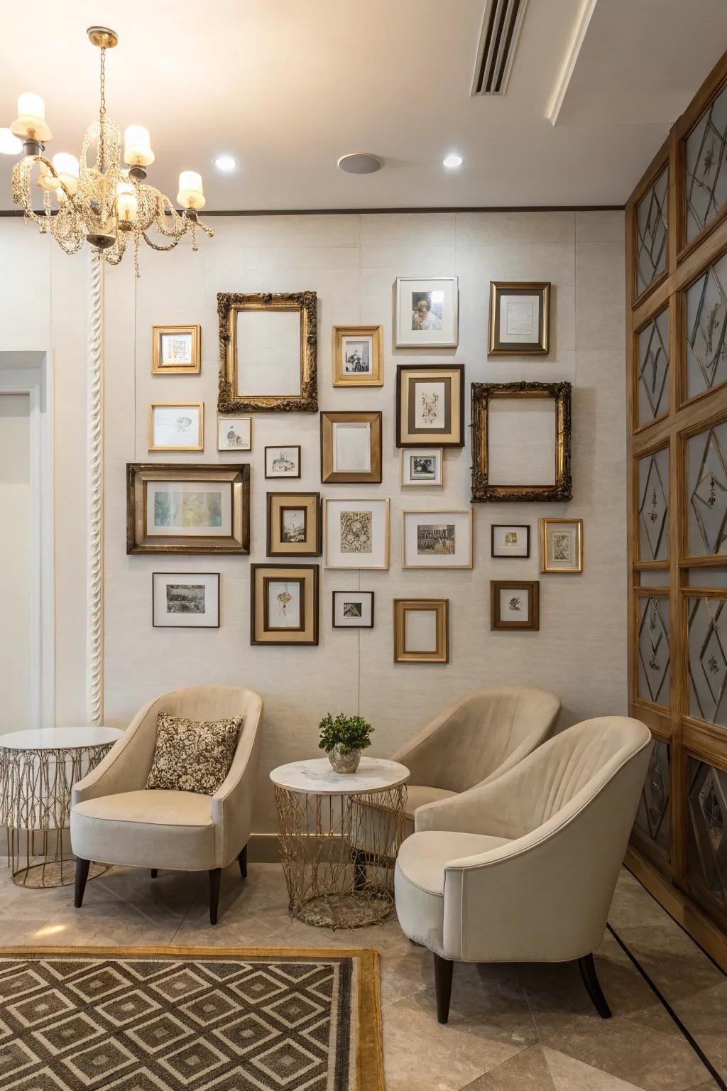 Empty frames create an artistic, gallery-like selfie wall.
