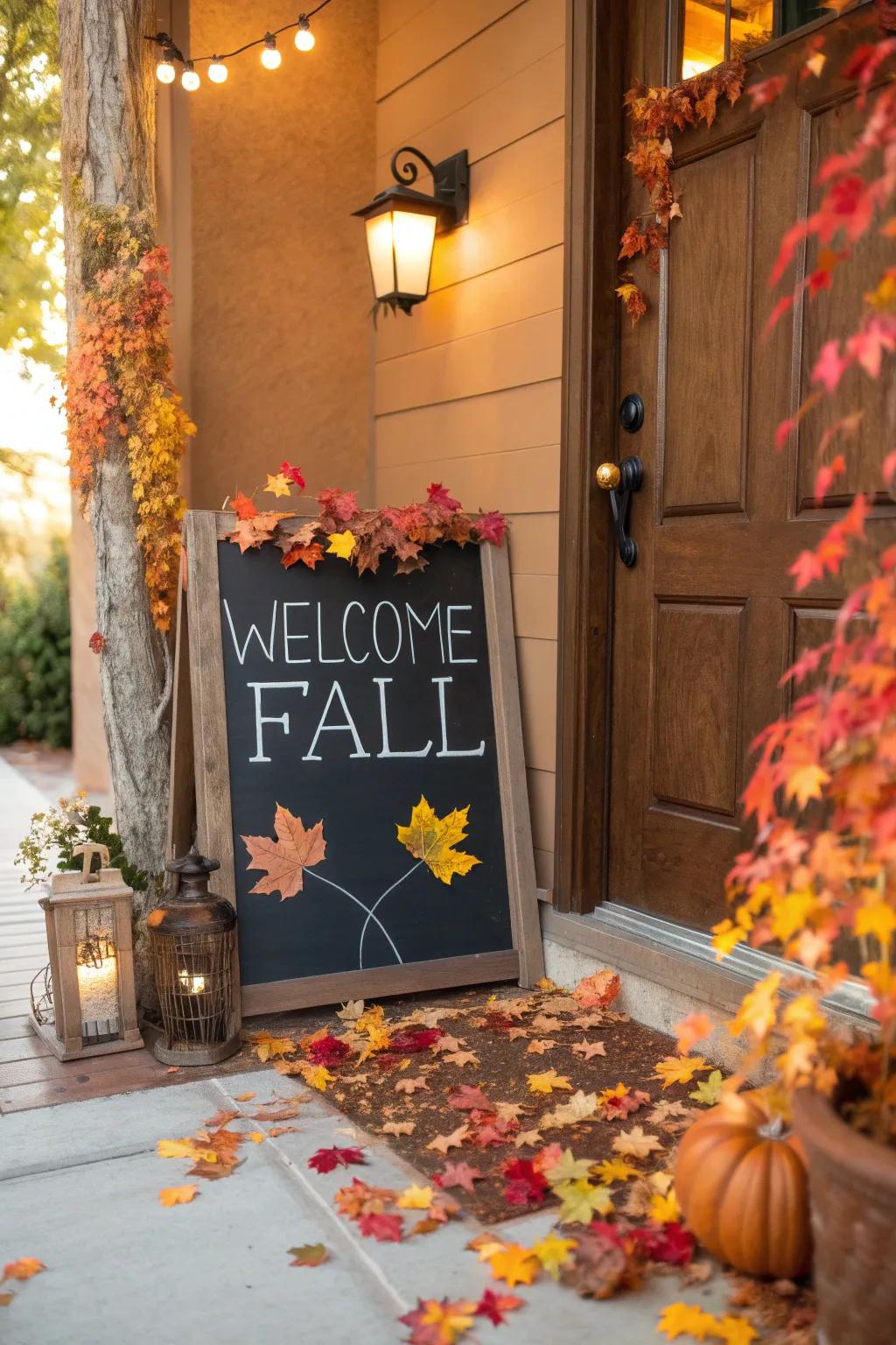 An inviting front door with a chalkboard sign saying 'Welcome Fall' surrounded by fall leaves.