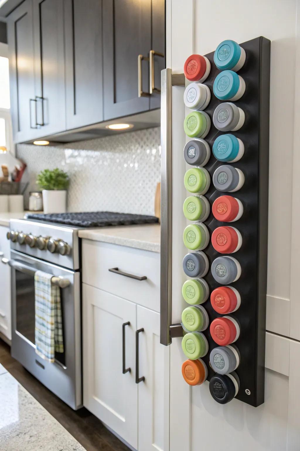 Magnetic strips inside cabinet doors offer hidden storage for blending bottle caps.