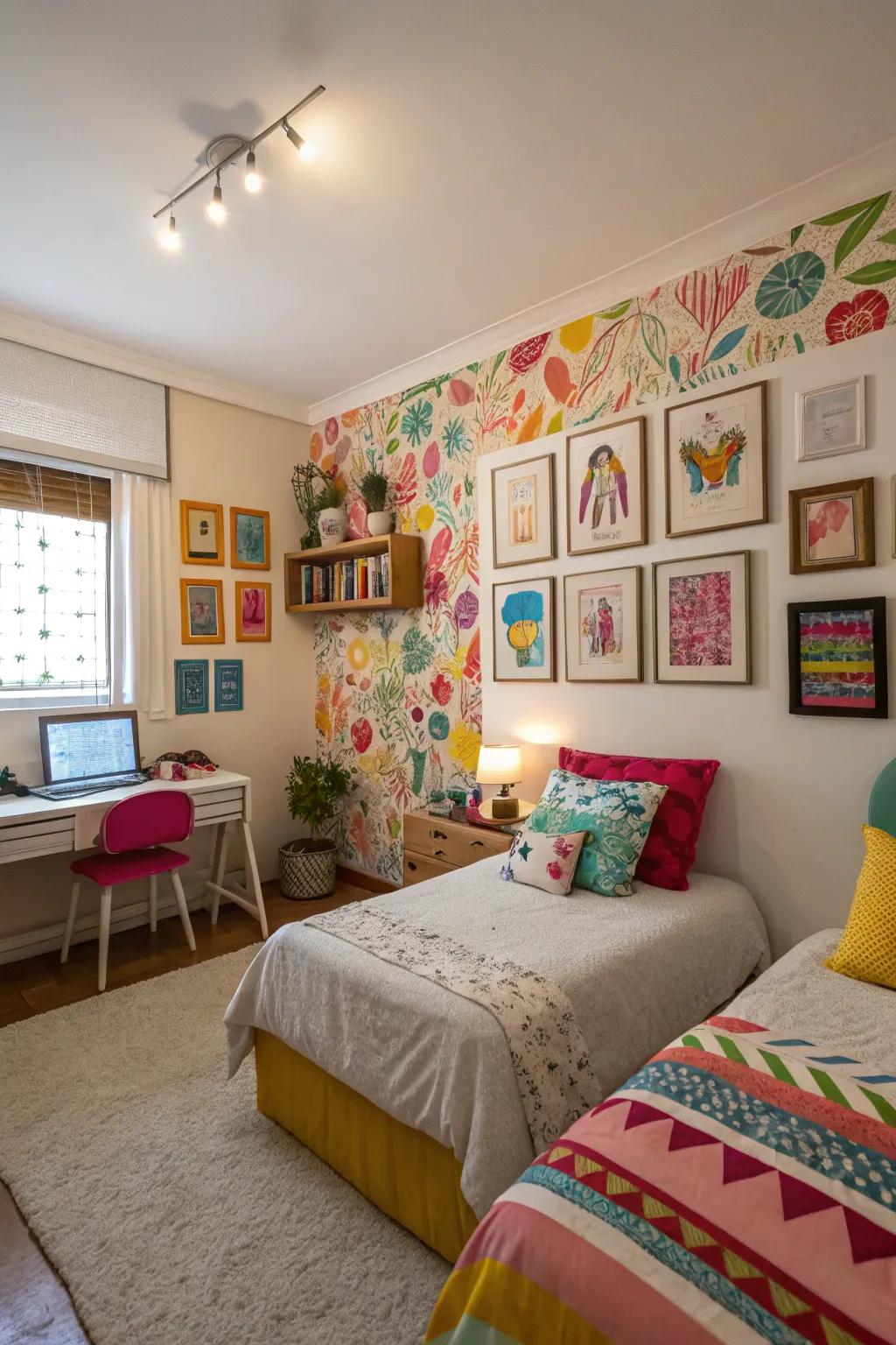 Cheery wall canvases add flair and vibrancy to a shared area.