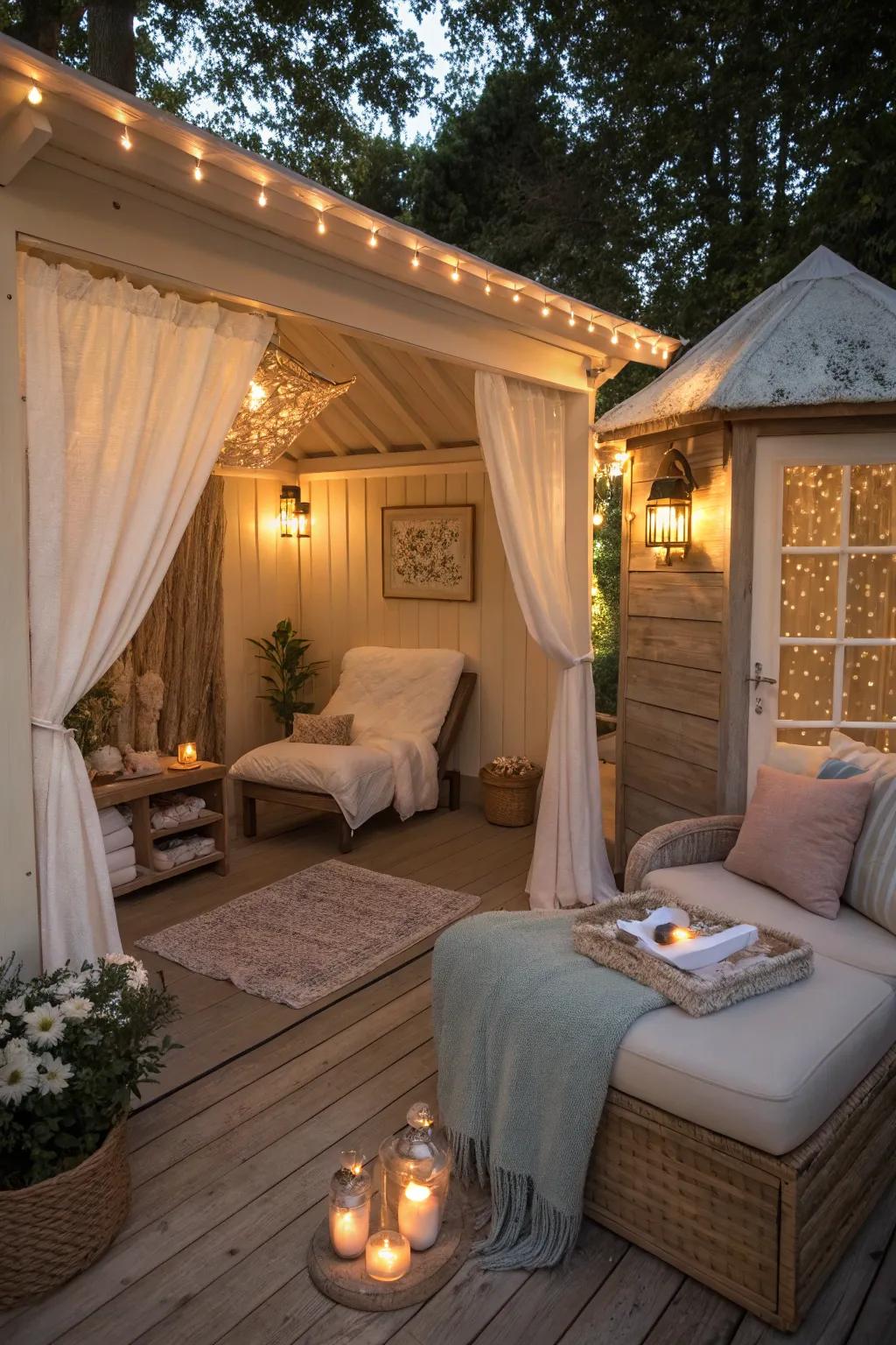 A tranquil she shed spa getaway that offers ultimate relaxation.