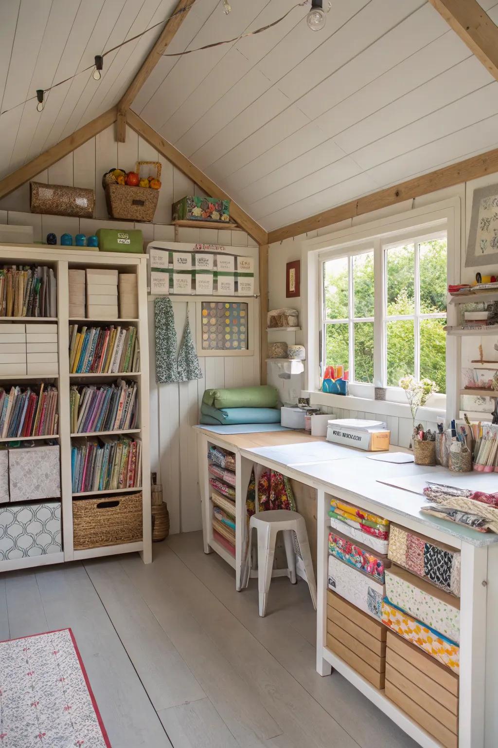Organize a creative corner within your she shed, integrating smart storage solutions and a spacious work area.