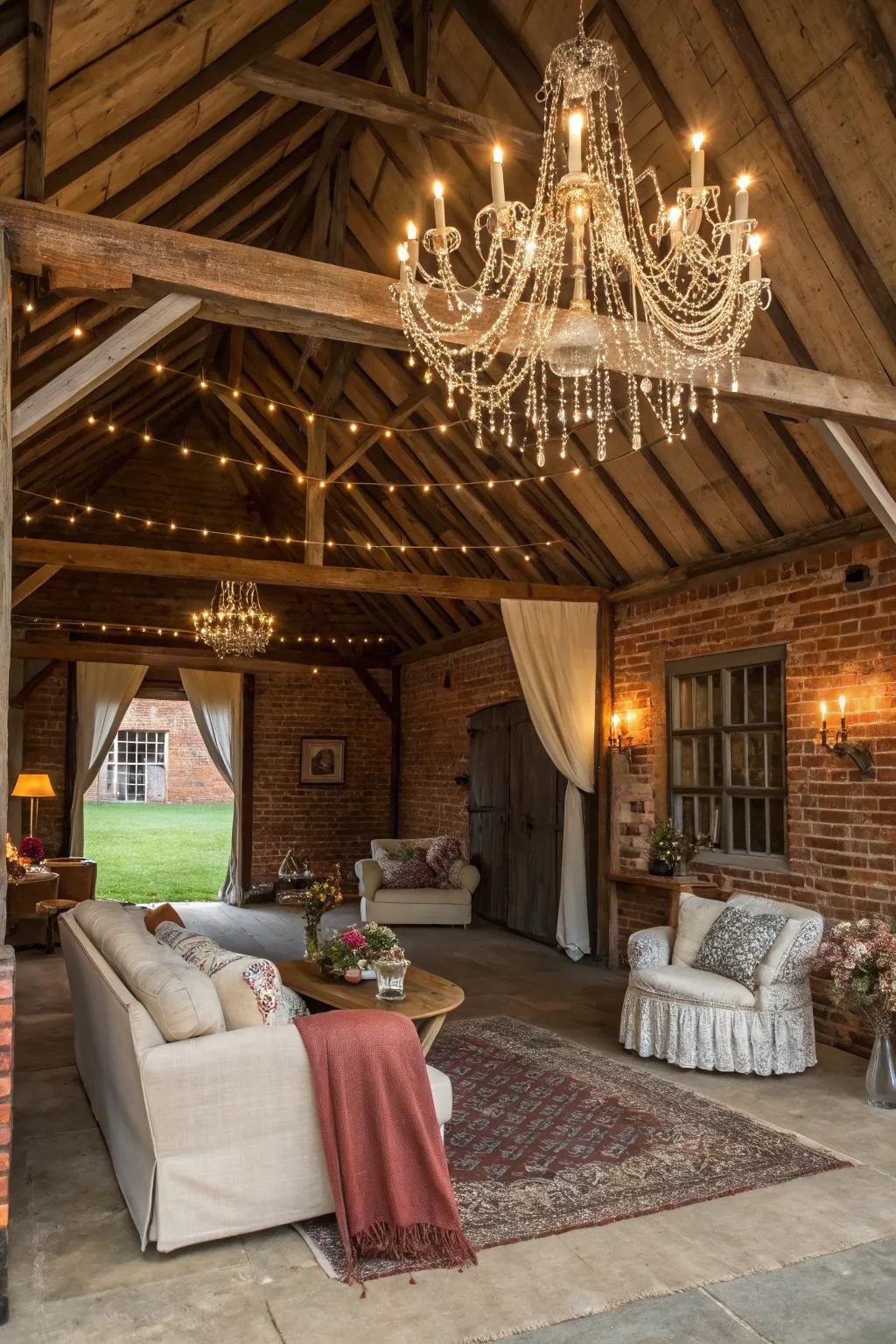 Elegance converges with rustic charm with a chandelier in a barn transformation.