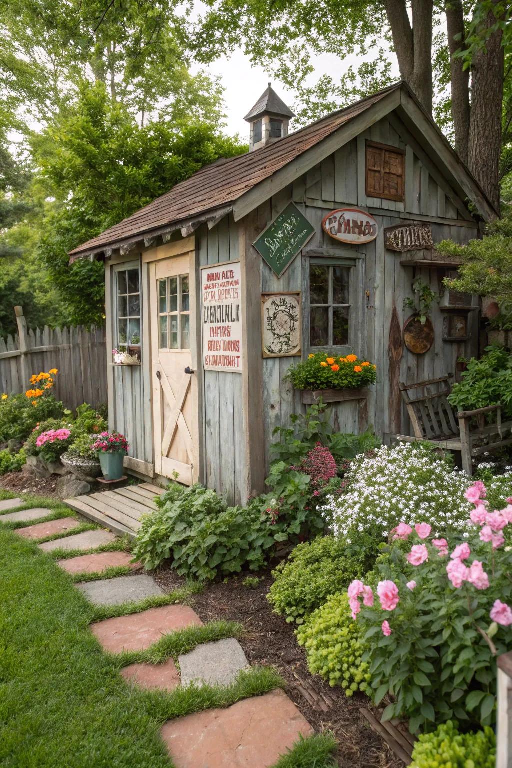 A garden shed featuring charming vintage plaques.