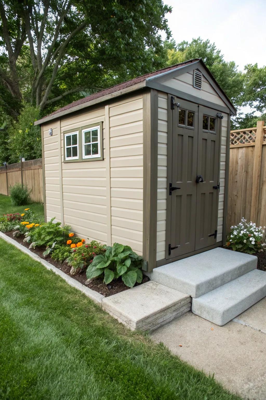 A garden shed strongly secured to its foundation ensures steadiness.