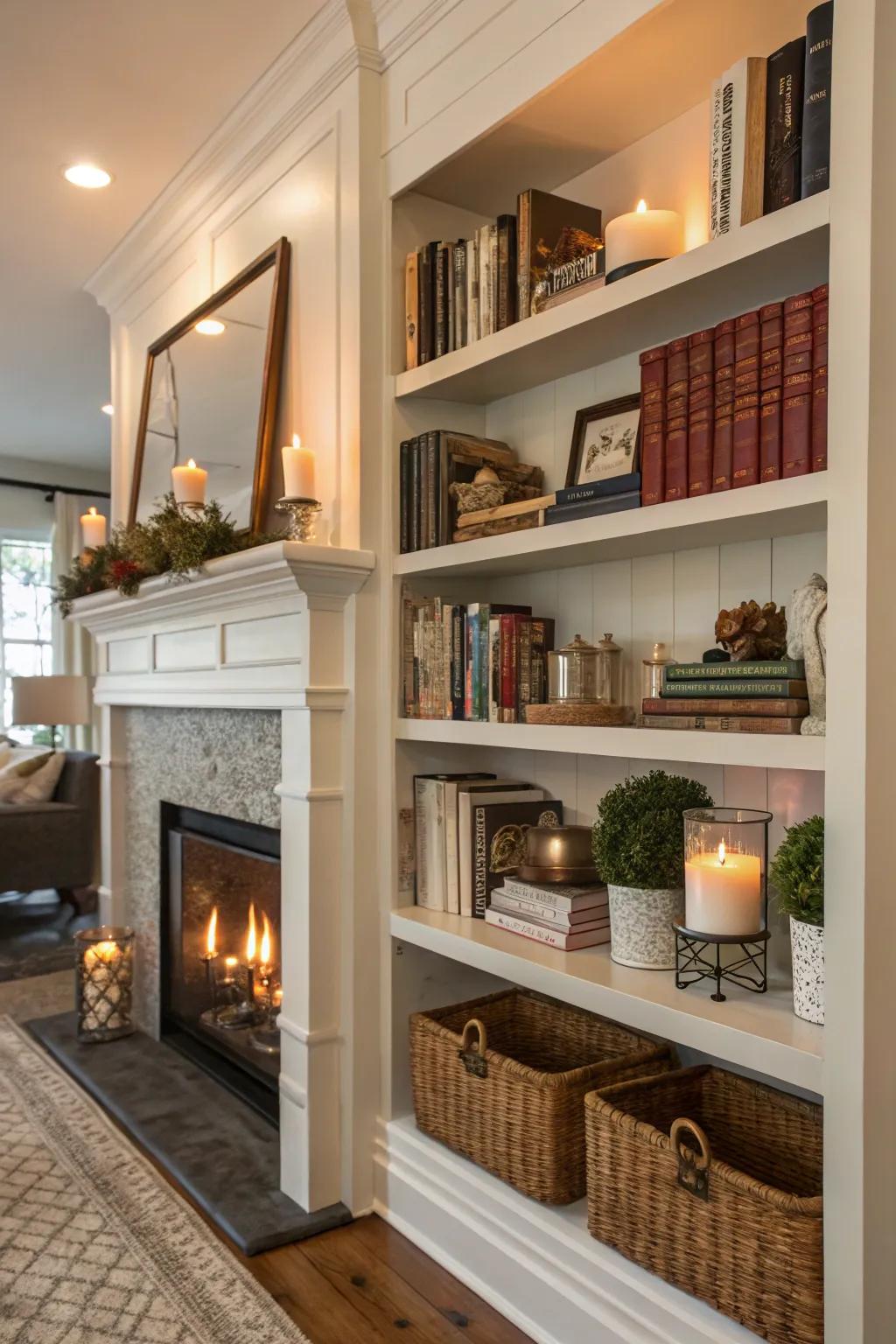 Shelves near a fireplace enhance the functionality of the room.