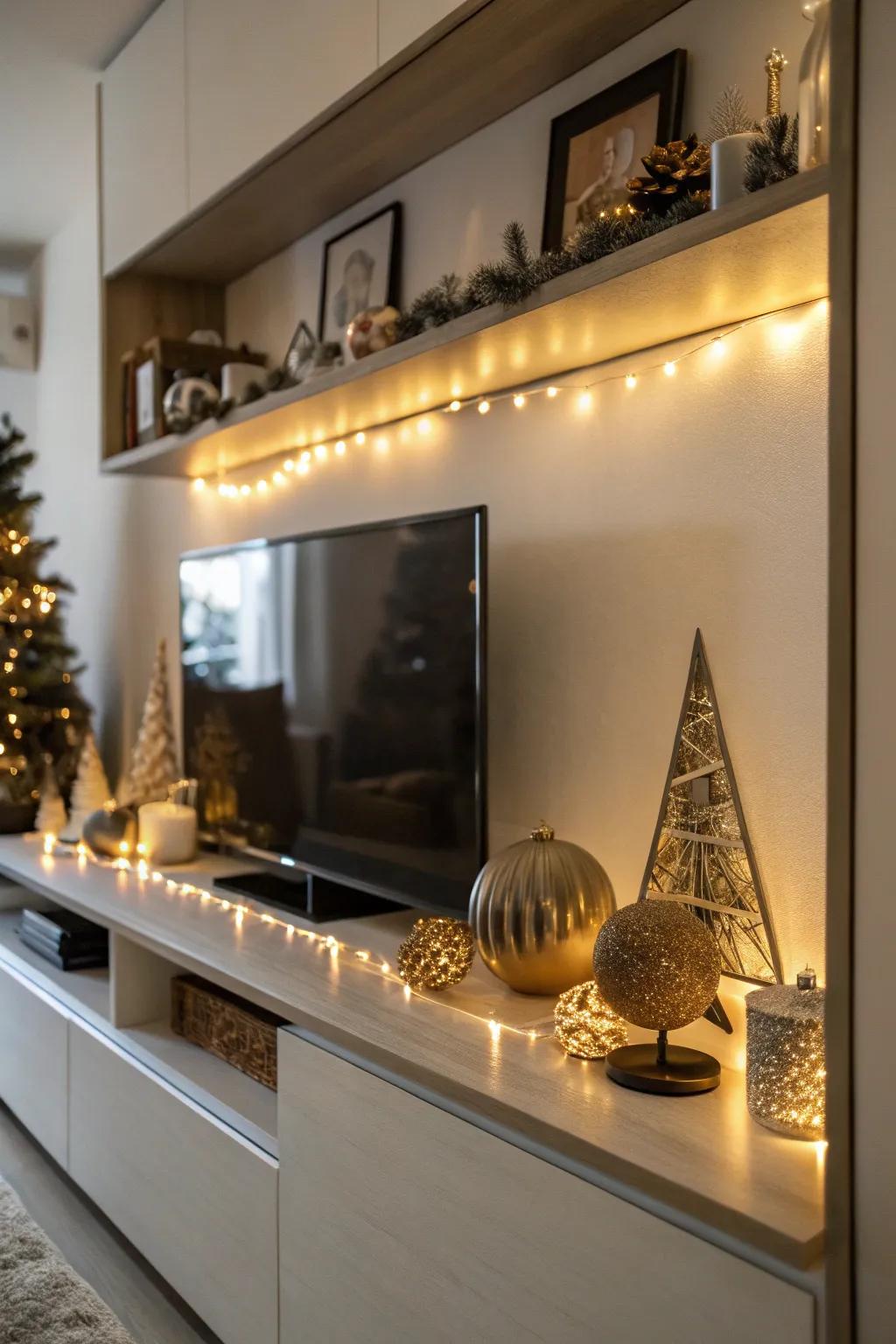 Soft lighting introduces warmth and underscores decor above the TV.