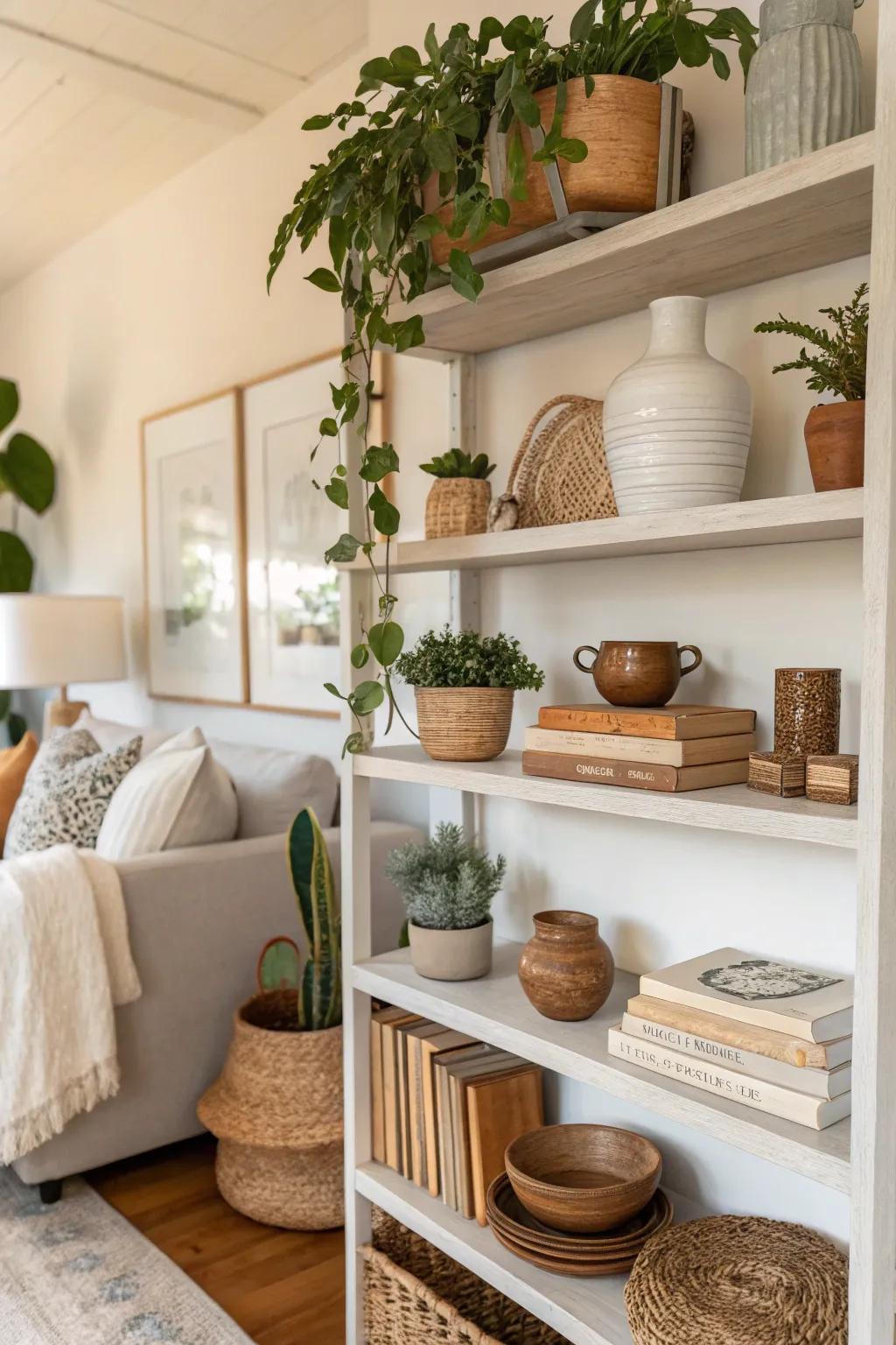Neutral tones create a sense of calm and balance on shelves.