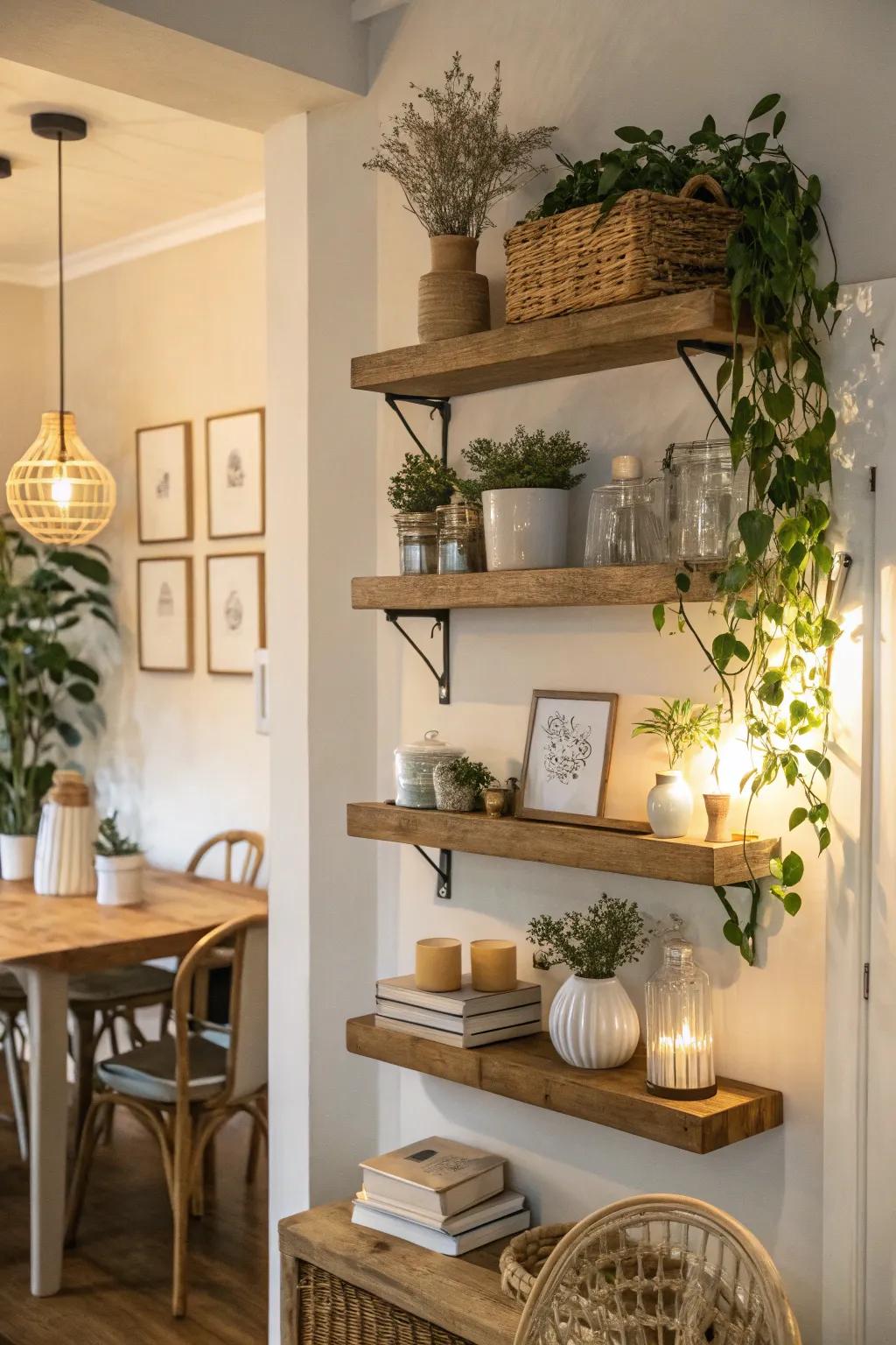 Bringing a breezy sensation to the dining room through suspended shelves.