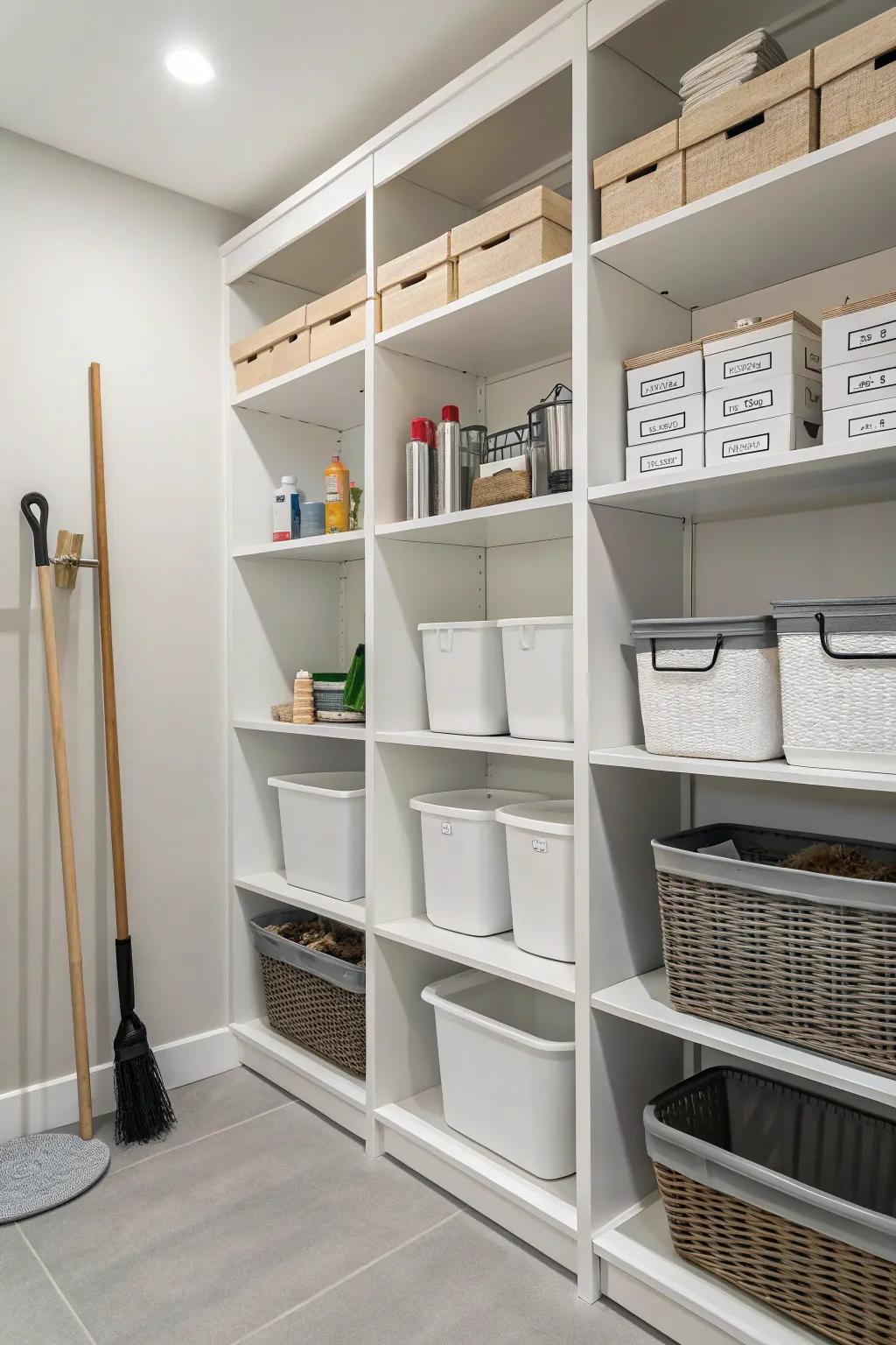 Minimalist white shelves in a utility room, promoting a clean and organized space.