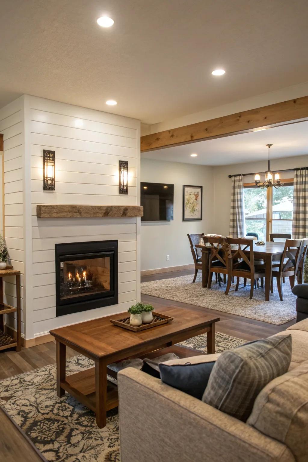Double-sided shiplap fireplace creating a seamless connection between spaces.