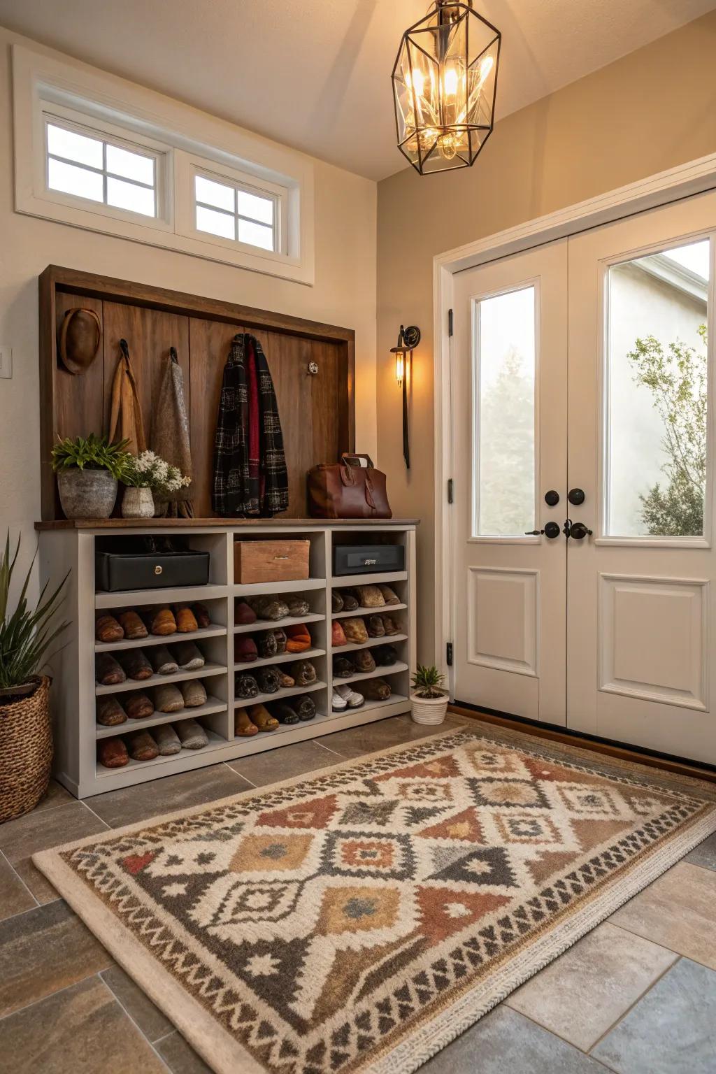 A rug defines the zone in front of a footwear closet.