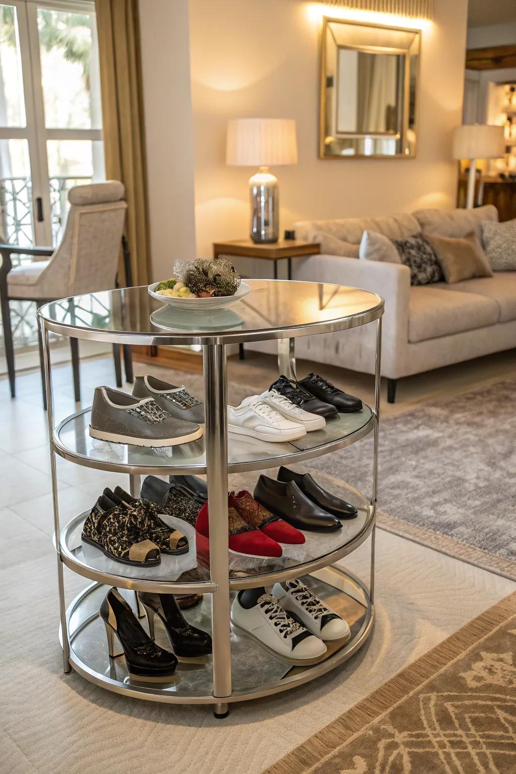 Introduce geometric elegance with a circular shoe rack.