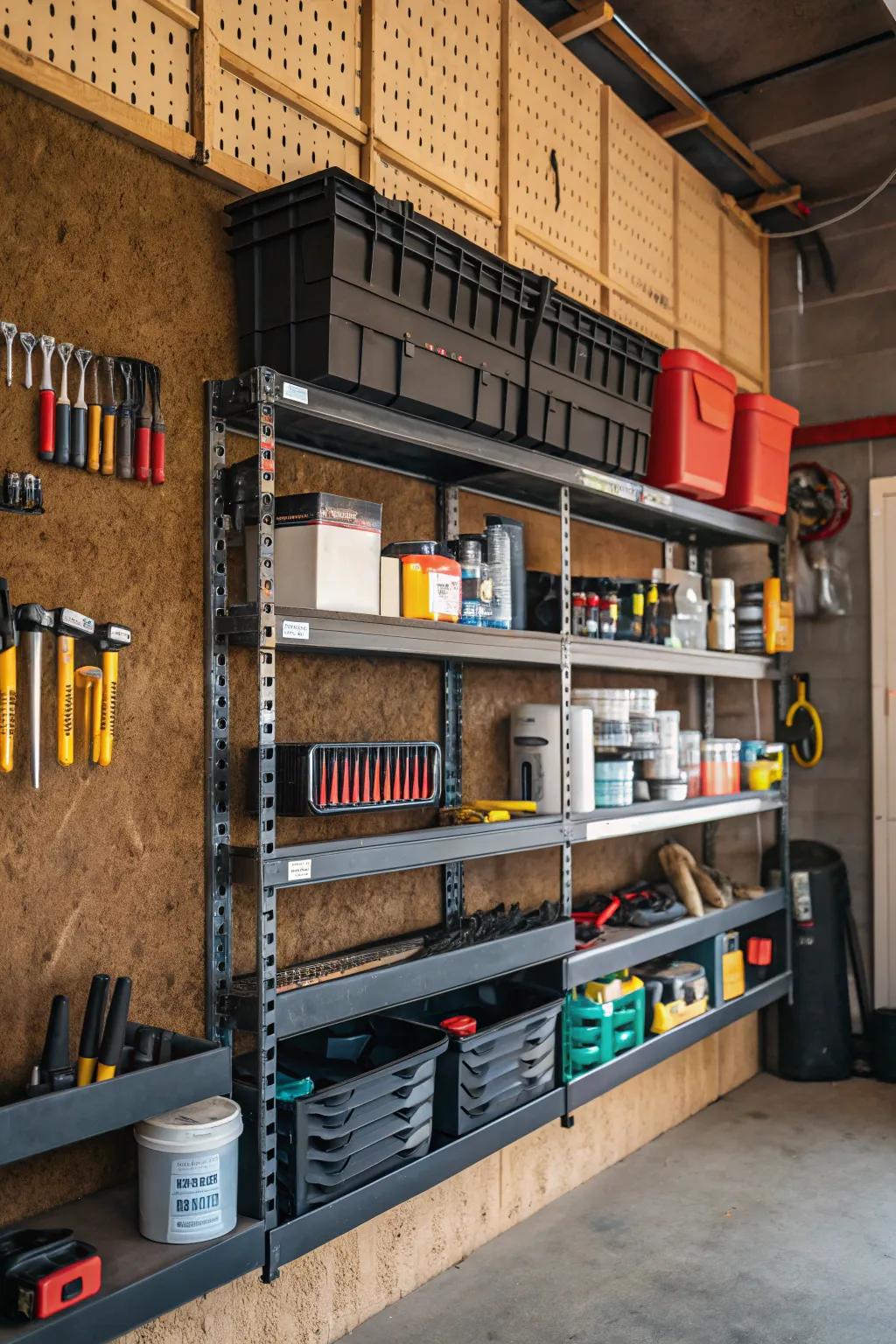 Shelving units filled with organized tools and materials.
