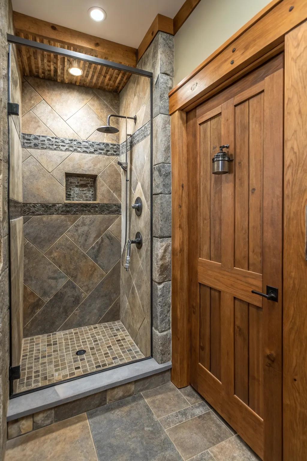 A dynamic shower stall showcasing a mix of different materials for added texture.