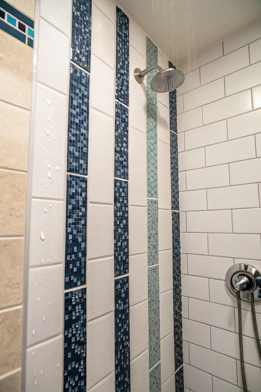 Upright bands in ornamental sections can amplify the apparent height of the shower.