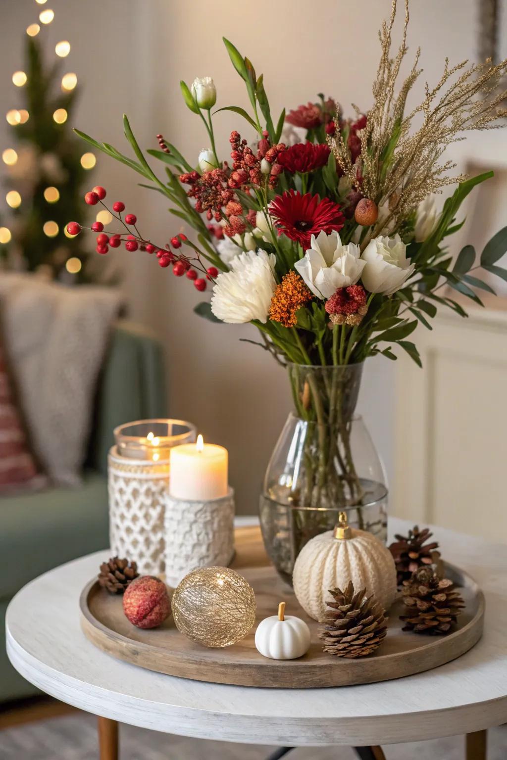 A side table adorned with seasonal accents for a consistently fresh look.