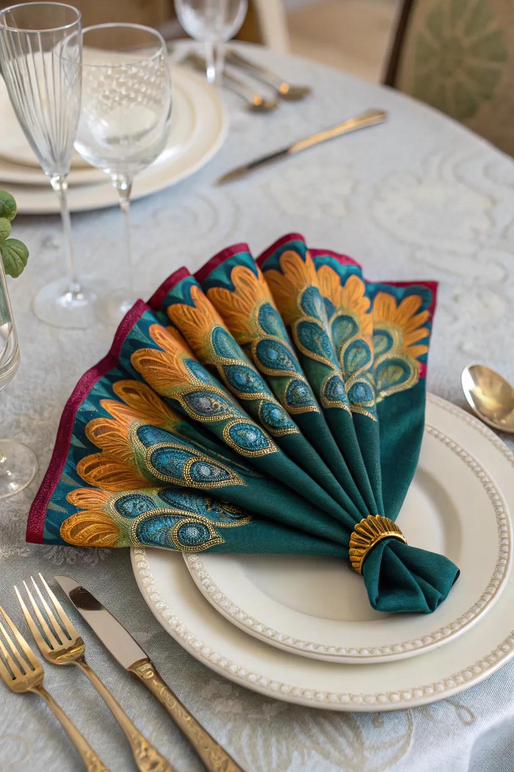 A silken cloth turned into a bird tail, bringing a dramatic and colorful touch to your table.