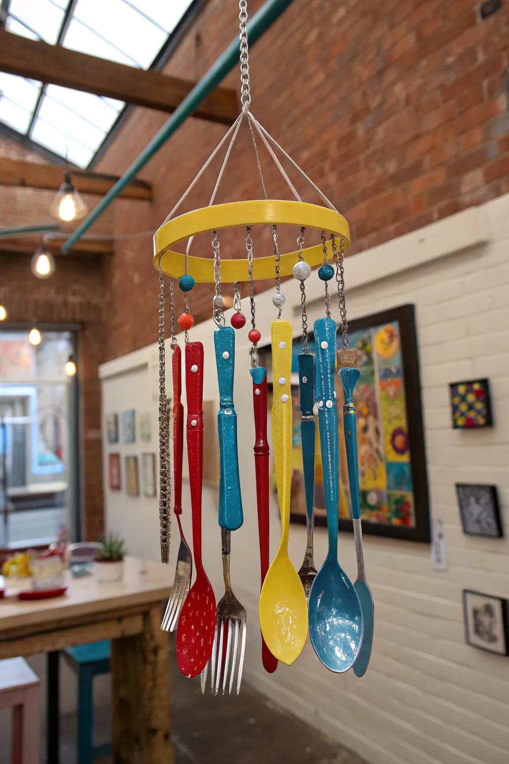 Painted silverware imparts a sprinkle of hue to this wind chime.