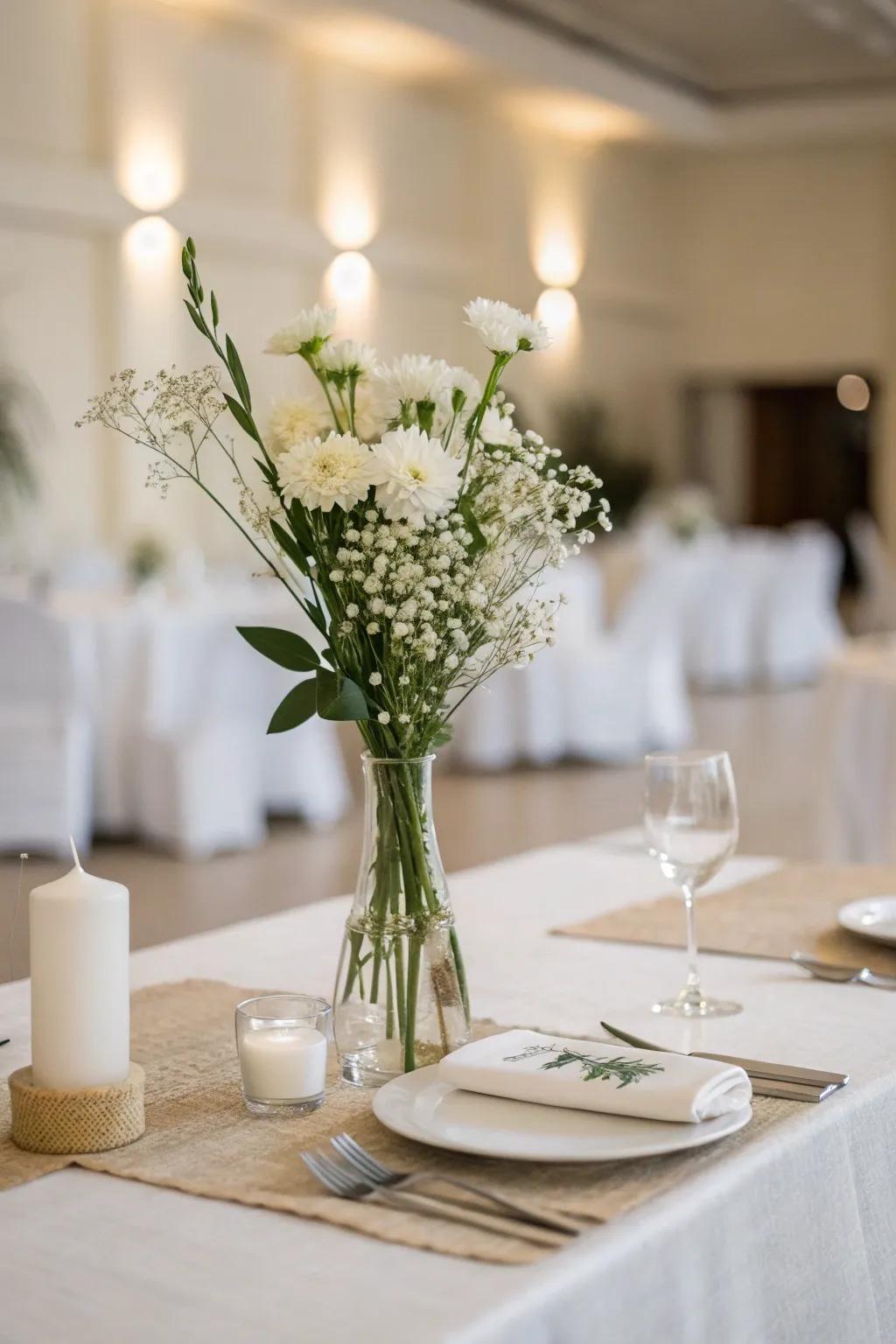 A minimalist bride and groom table with simple, elegant decor.