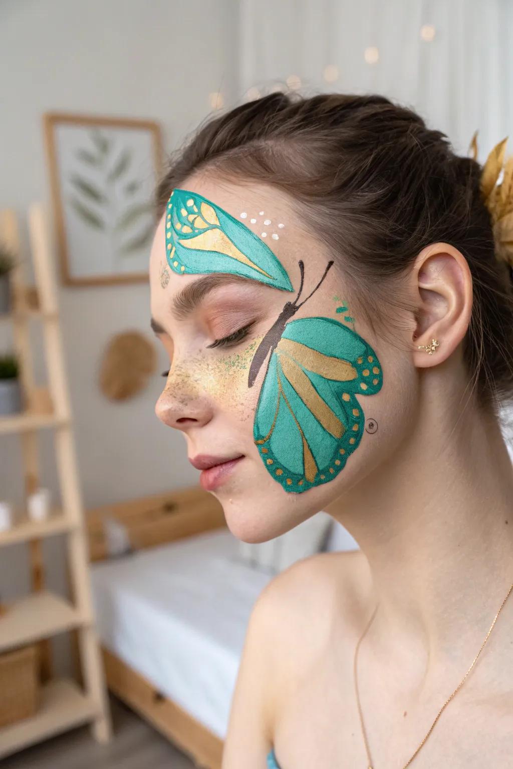Let your imagination take flight with this Fantasy Butterfly face paint, where teal and gold create a magical twist on simplicity.