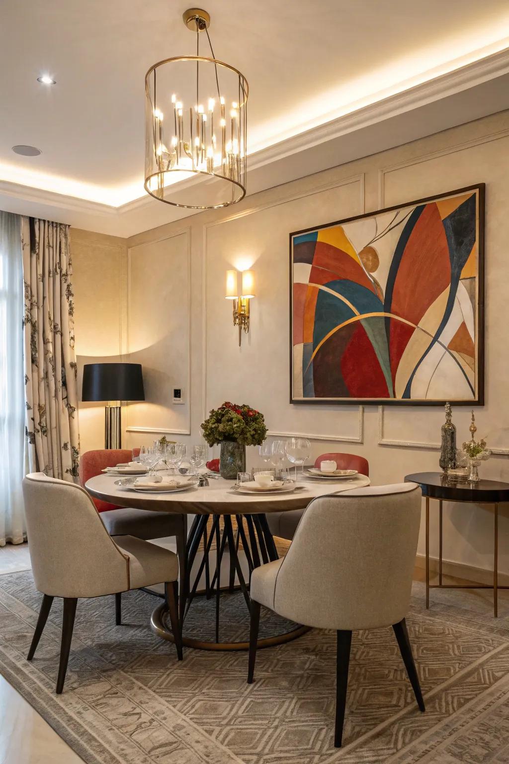 Understated wall decor enhances the dining space's individuality.