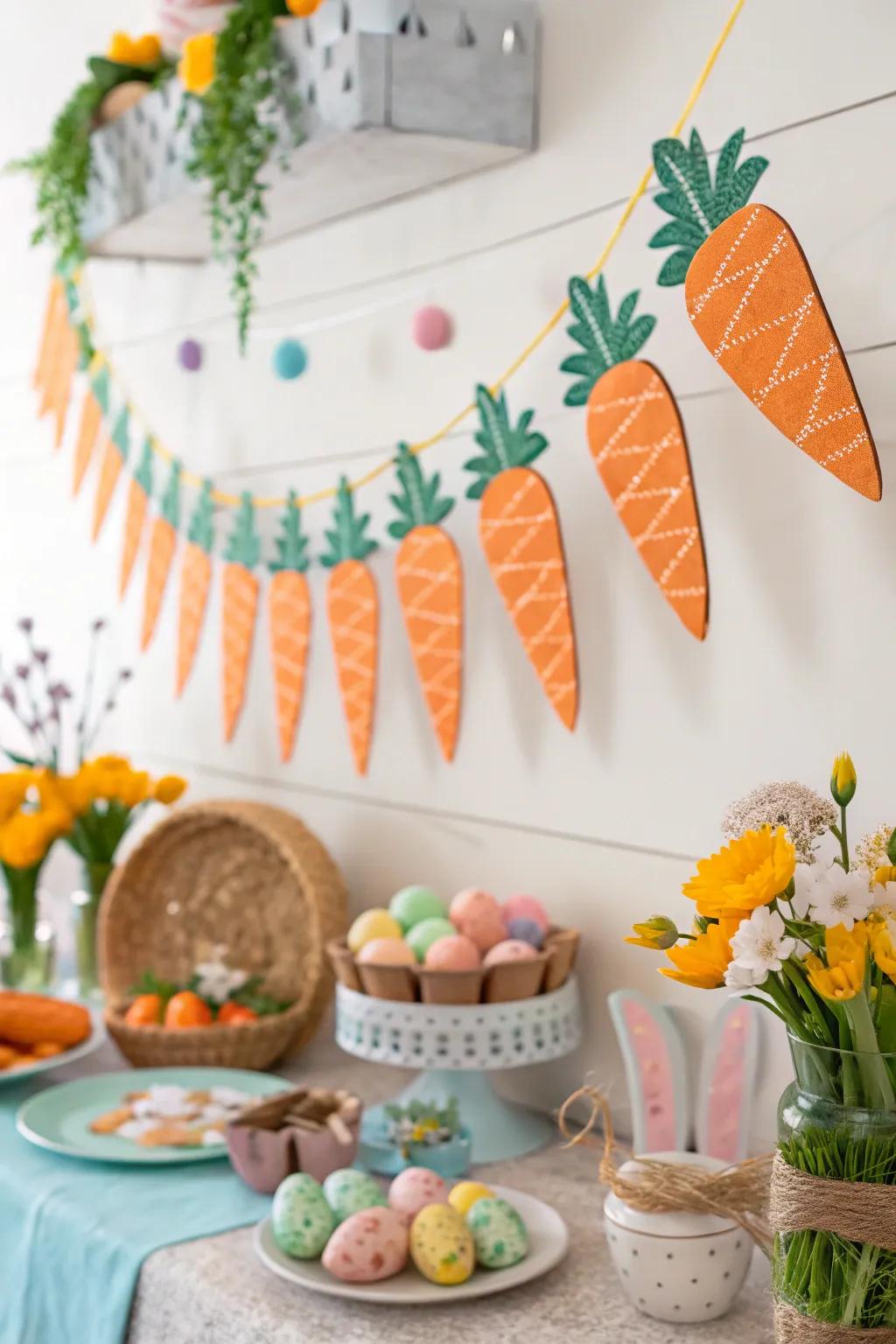 A carrot garland brings a playful touch to the decor.