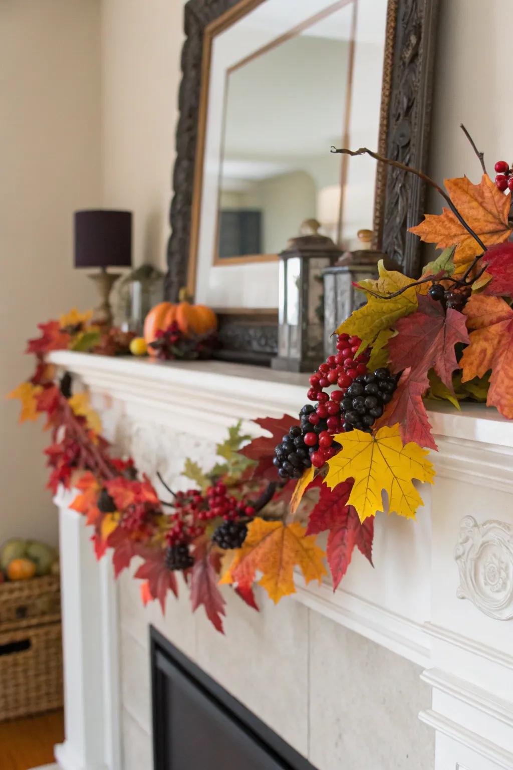 A stunning drape appending stream and charm to the mantel.