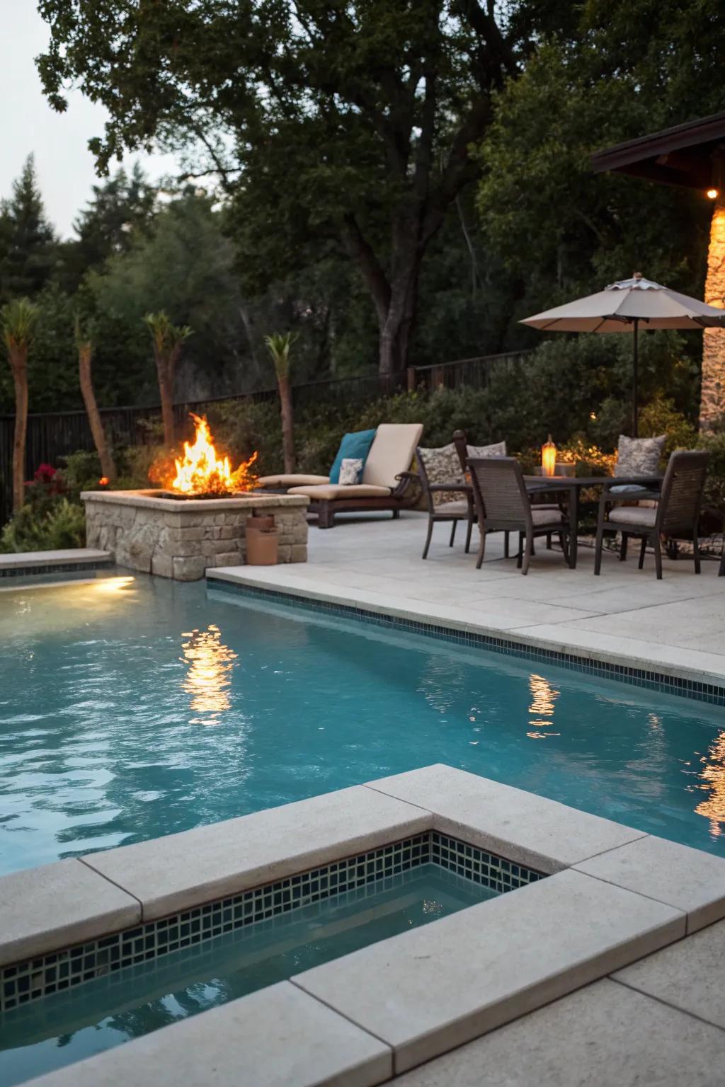 A fire pit provides warmth and fosters a comfortable social area.