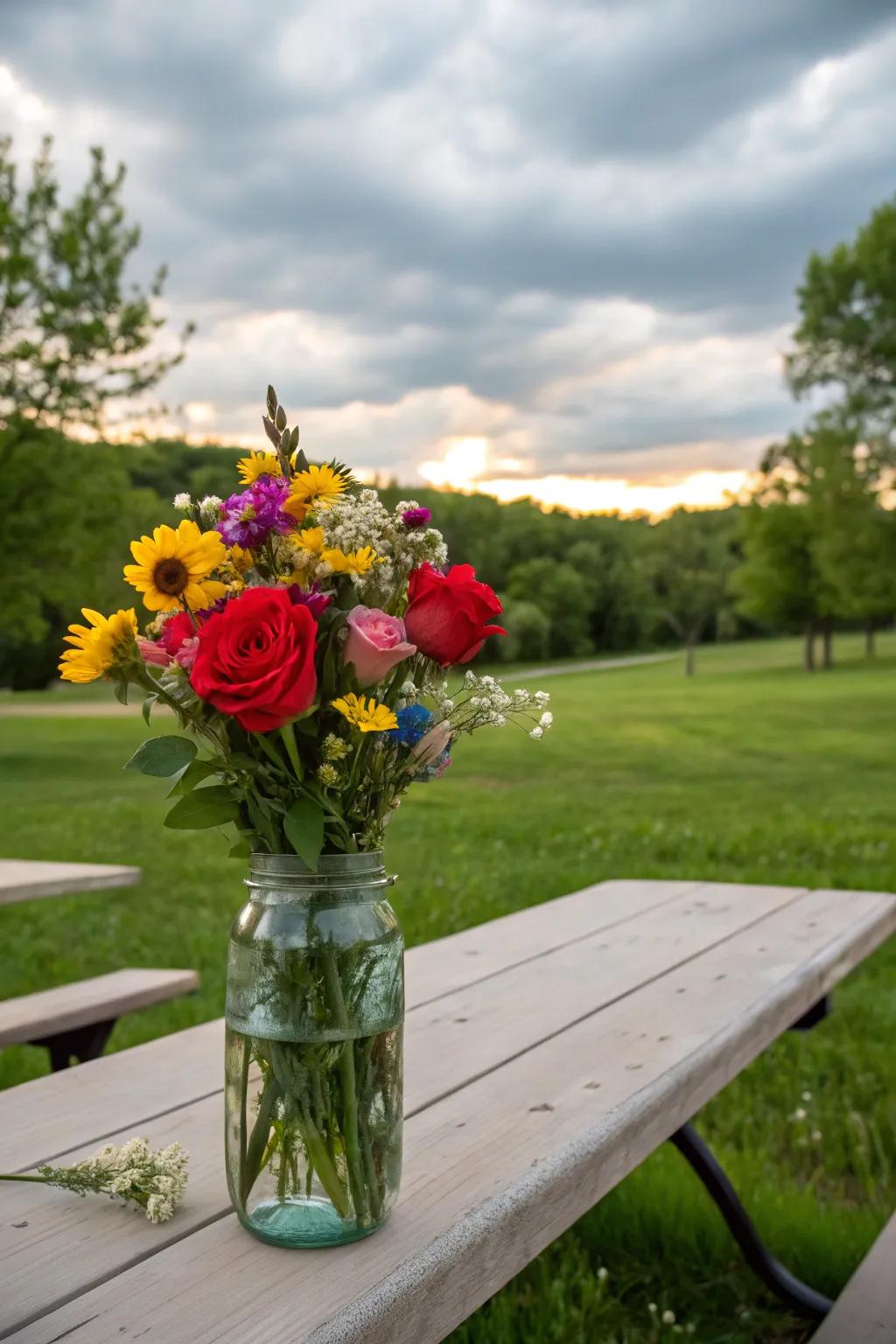 Roses mixed with meadow blooms create a carefree, bohemian look.