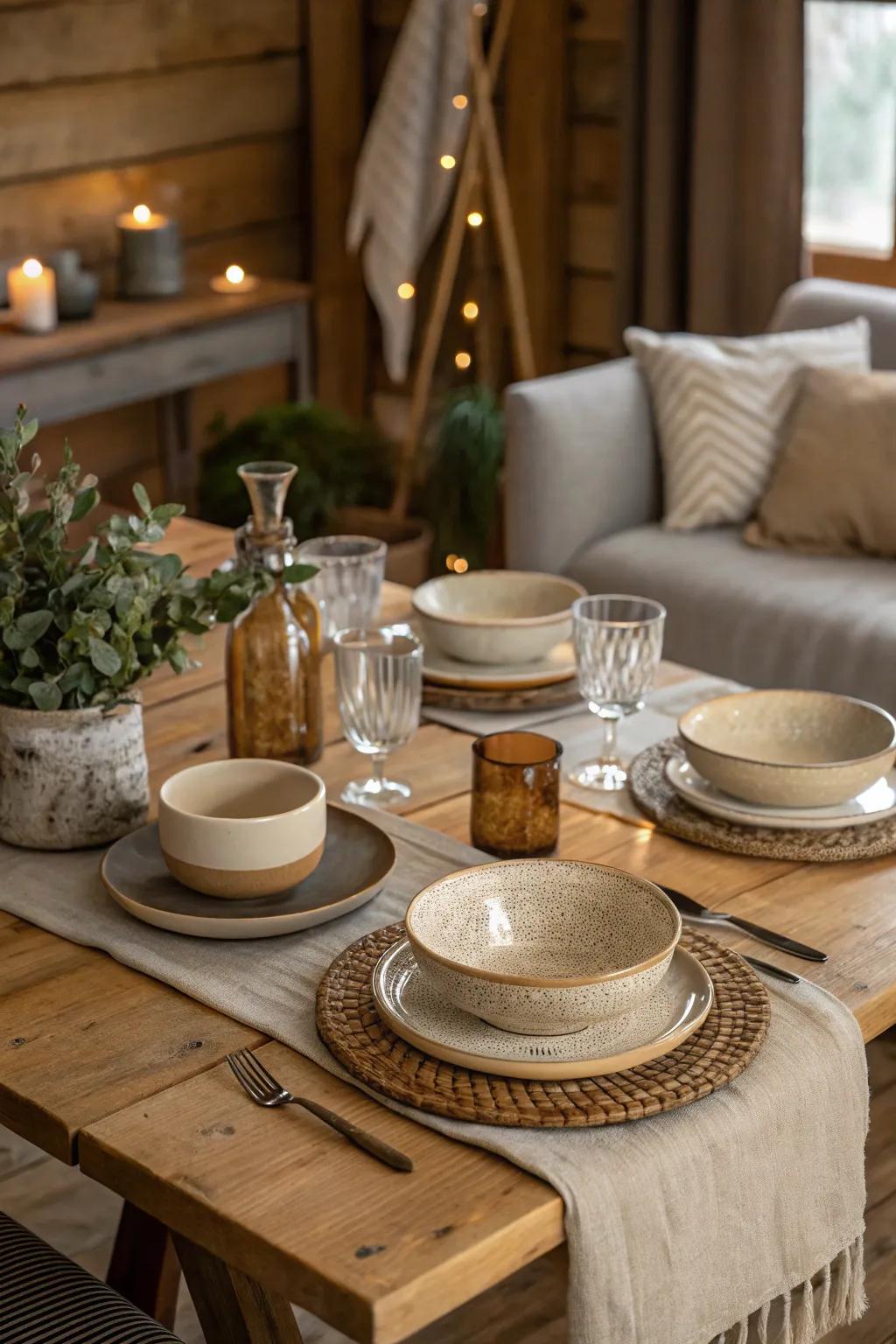 Uncomplicated serveware refining a rustic table setting.