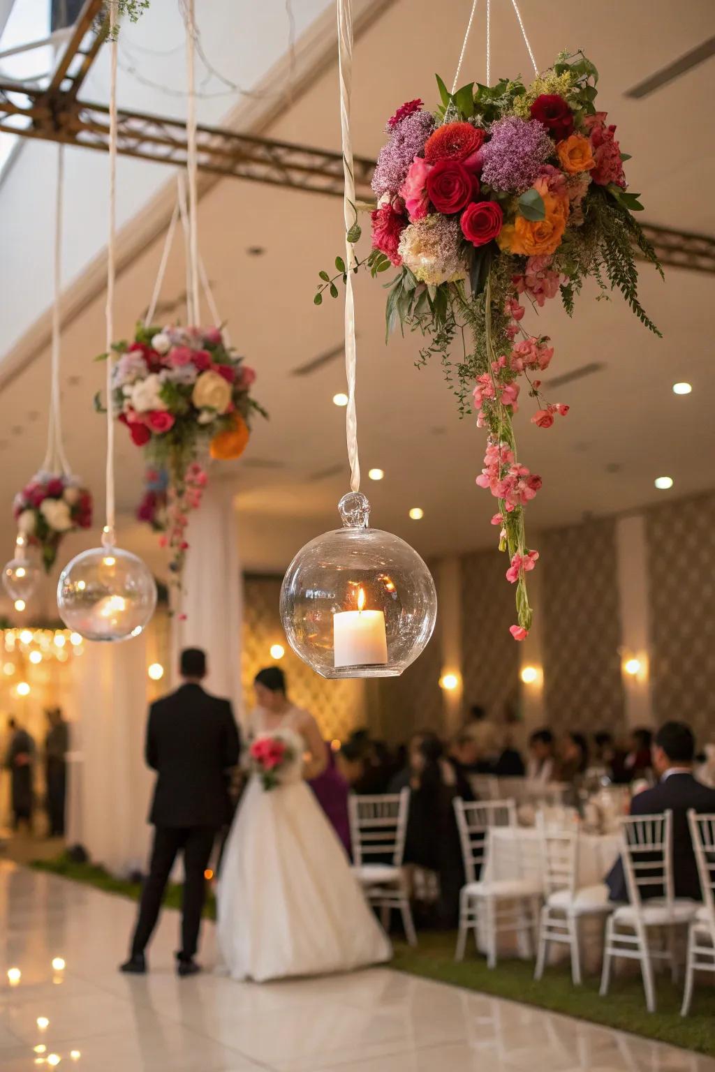 Hanging clear spheres add an ethereal and whimsical touch.