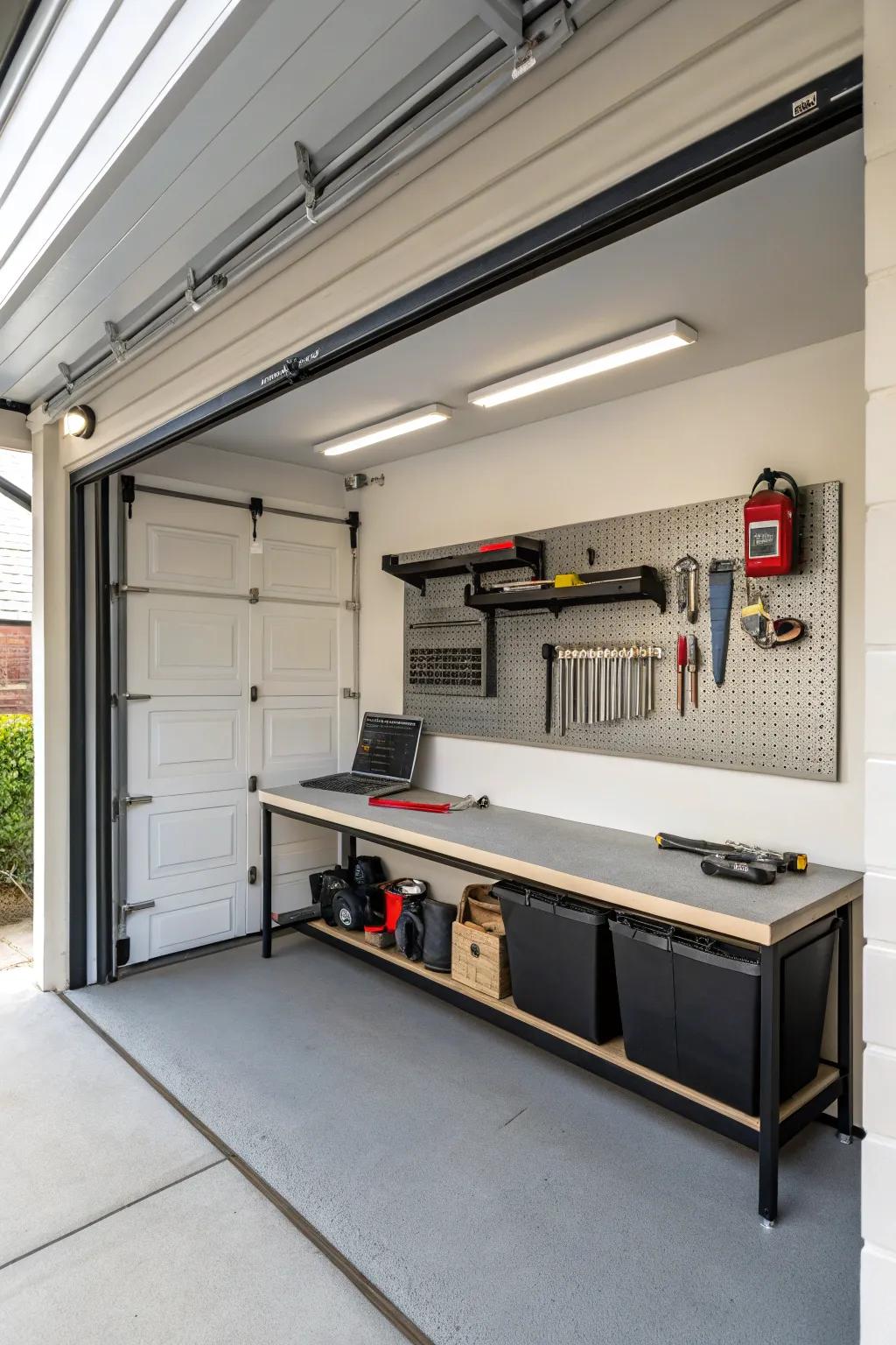 A fold-down workbench maximizes space while maintaining practicality.
